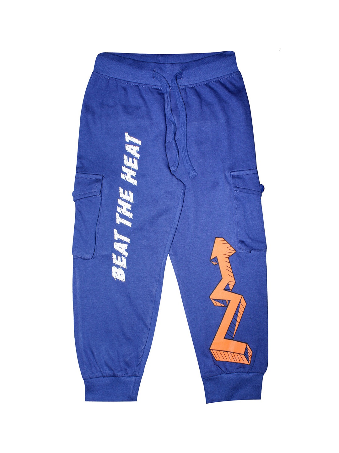 

KiddoPanti Boys Blue & Orange Beat The Heat Printed Pure Cotton Cargo Joggers