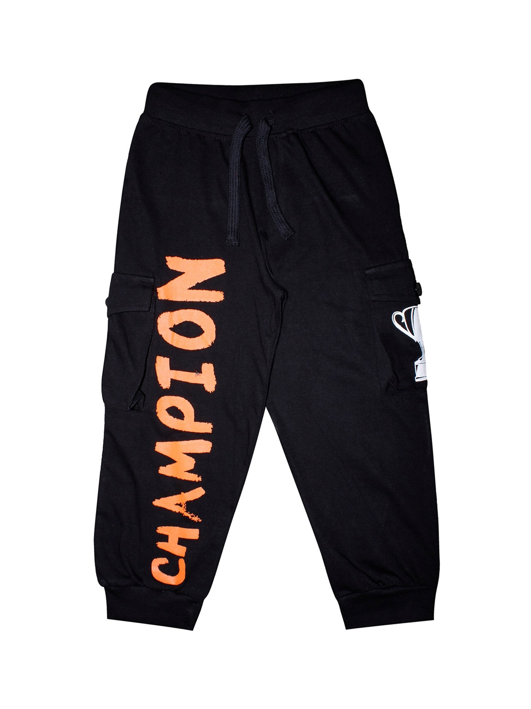 

KiddoPanti Boys Black & Orange Champion Printed Pure Cotton Cargo Joggers
