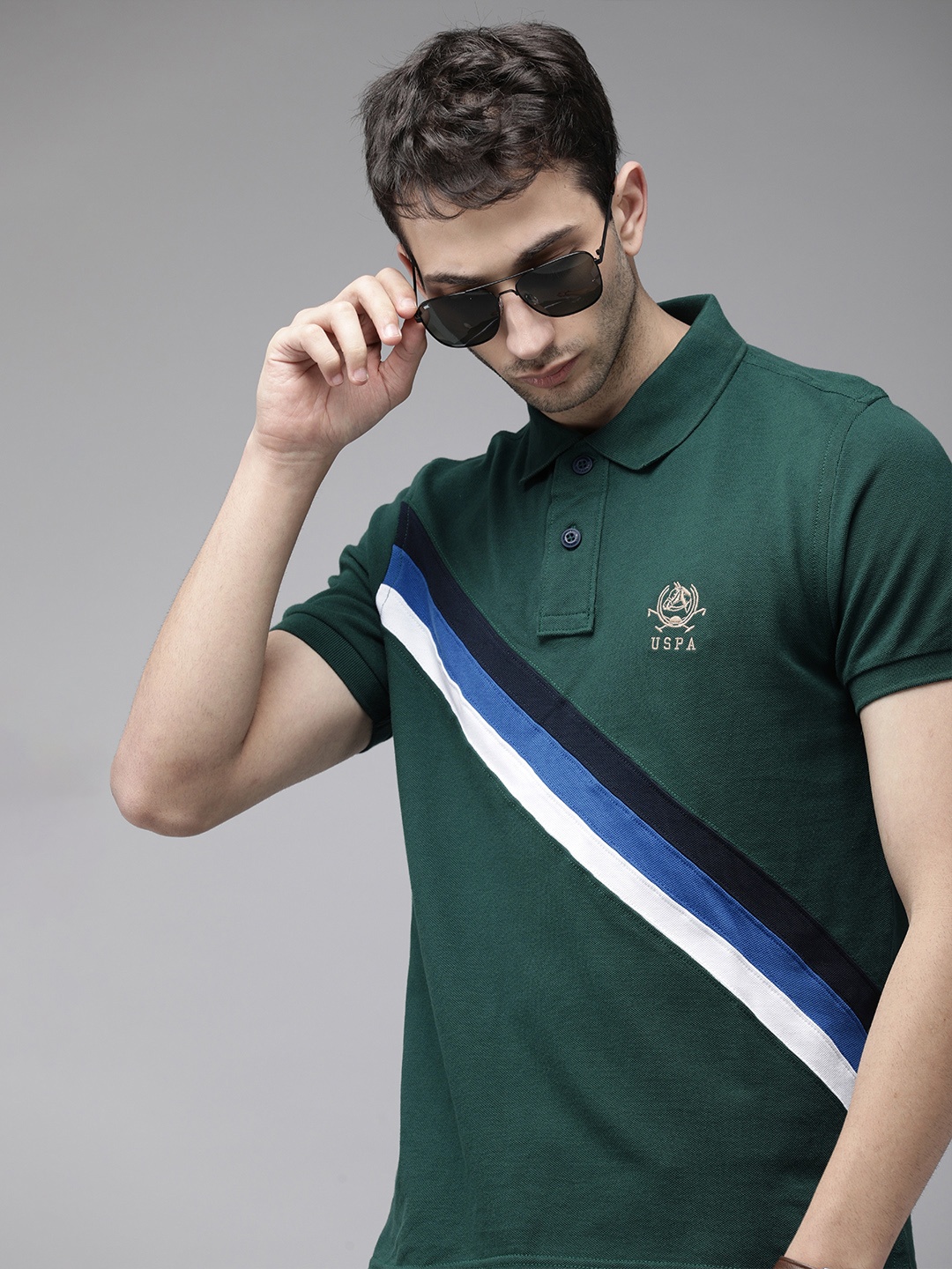 

U S Polo Assn Men Dark Green Printed Polo Collar Slim Fit Cotton Pure Cotton T-shirt