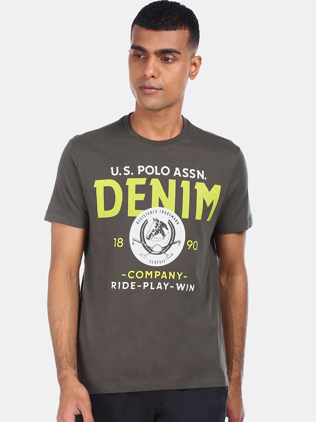 

U S Polo Assn Denim Co Men Olive Green & White Typography Printed T-shirt