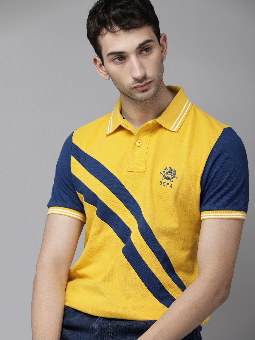 

U S Polo Assn Men Yellow Blue Colourblocked Polo Collar Slim Fit Cotton Pure Cotton T-shirt