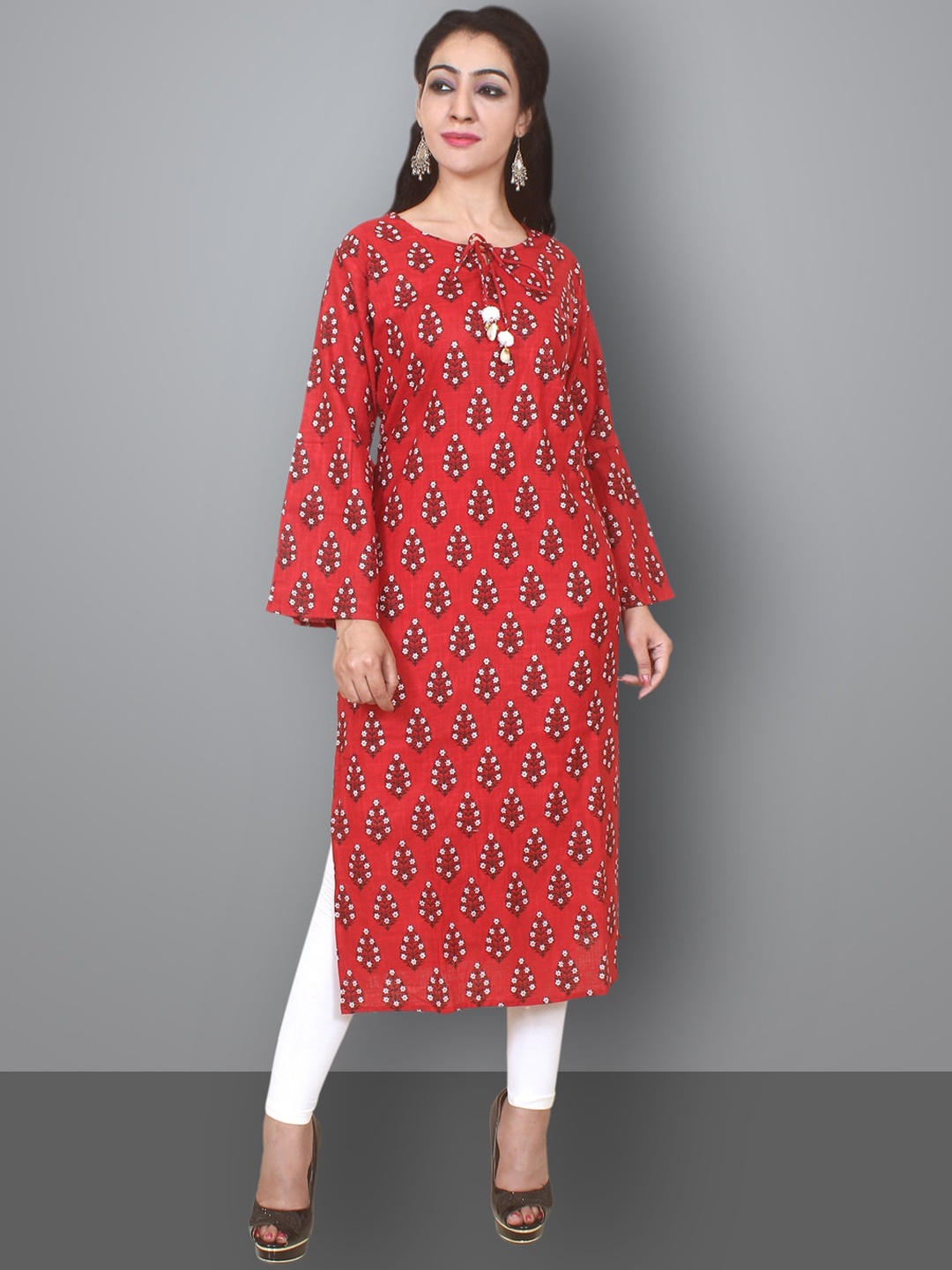 

Kuber Industries Women Red Ethnic Motifs Printed Flared Sleeves Kurta