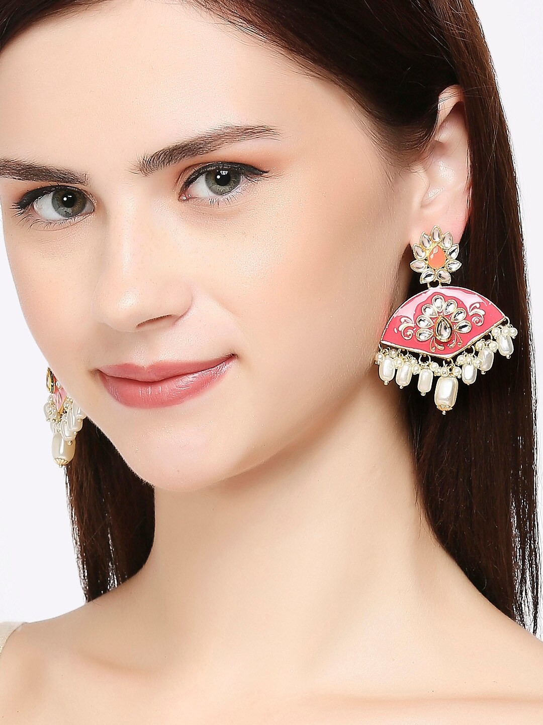 

OOMPH Pink Meenakari Kundan & Pearl Ethnic Drop Earrings