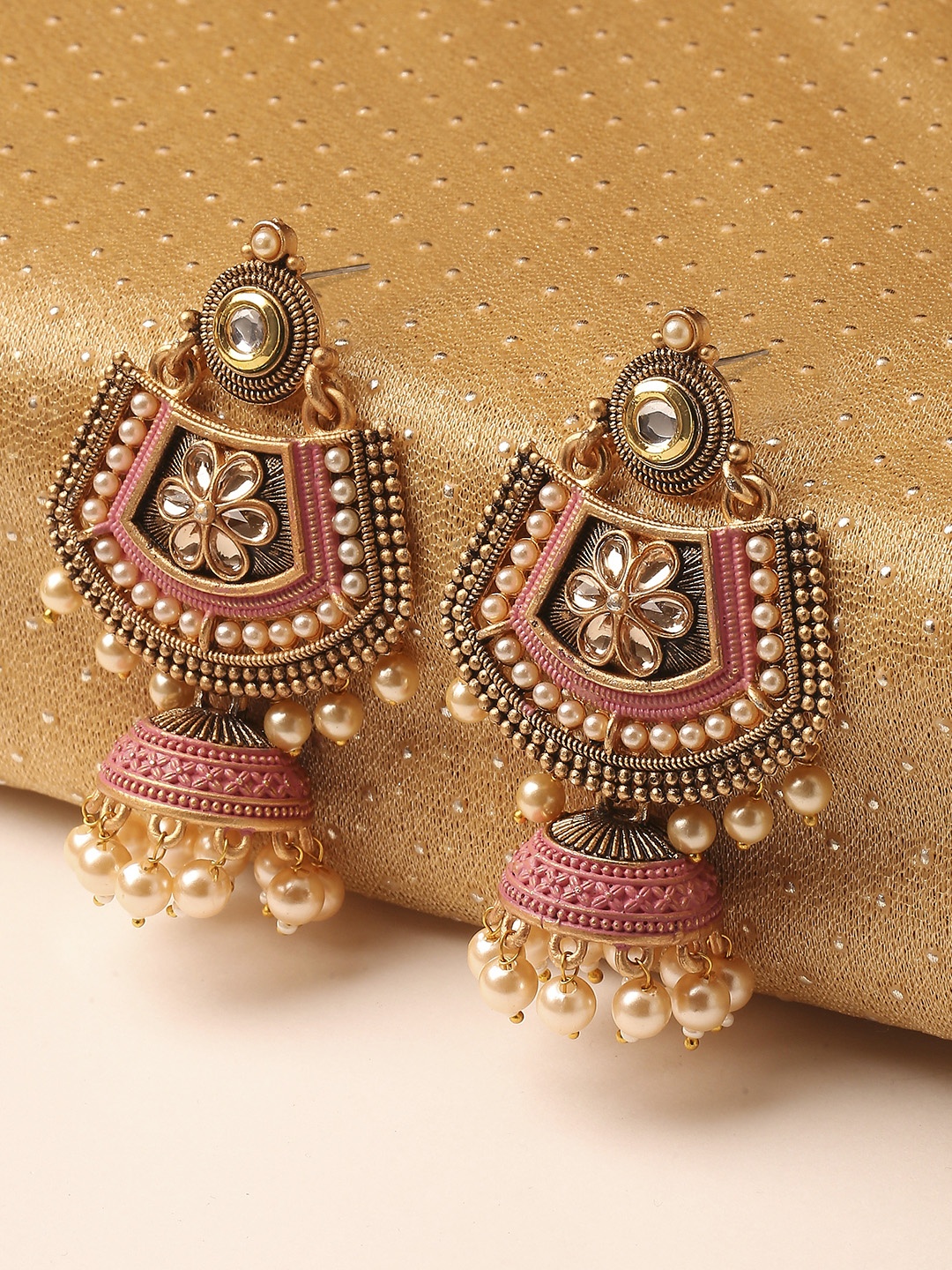 

OOMPH Pink Meenakari Kundan & Pearl Floral Ethnic Drop Jhumka Earrings