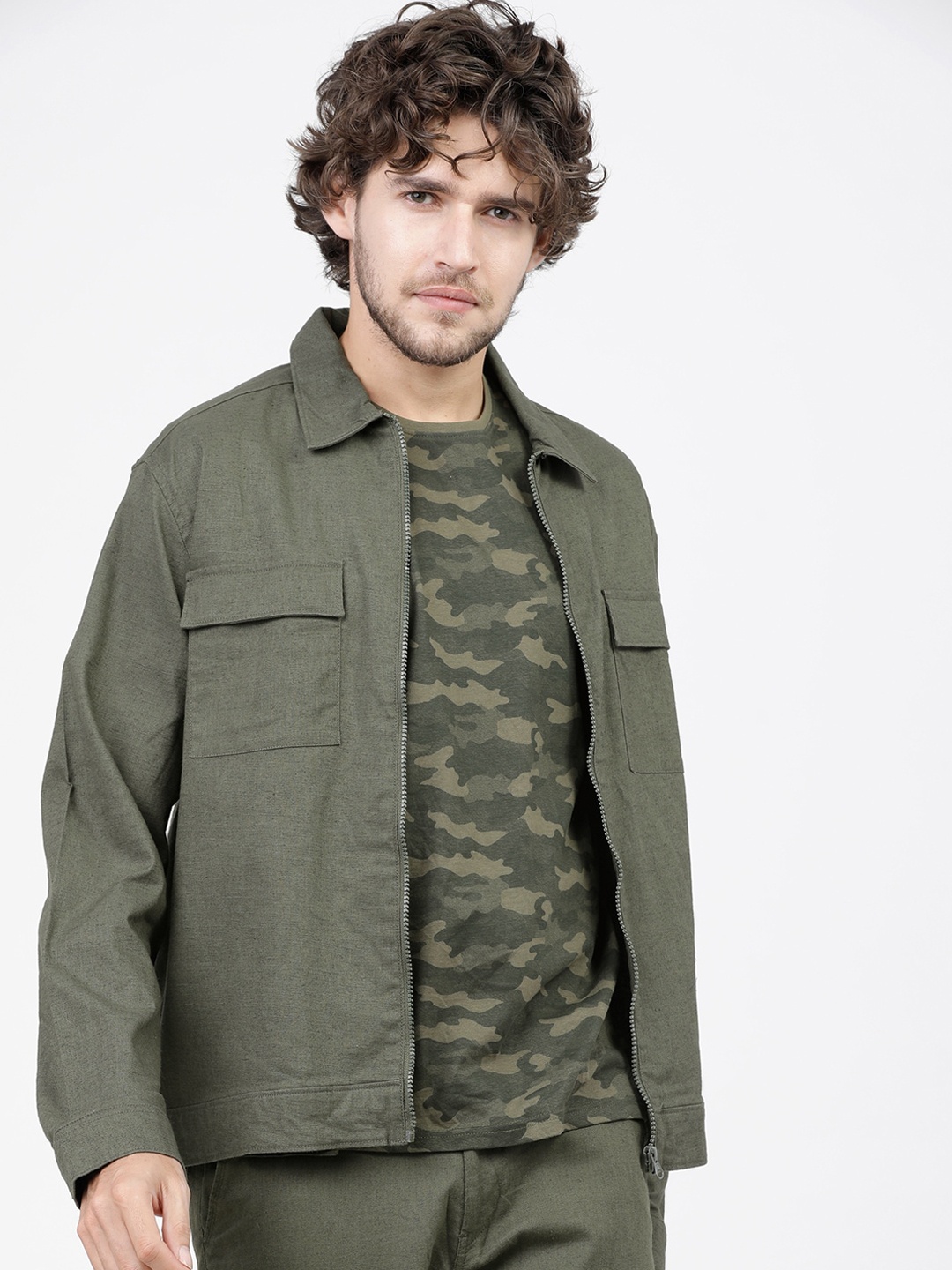 

HIGHLANDER Men Olive Green Camouflage Tailored Jacket