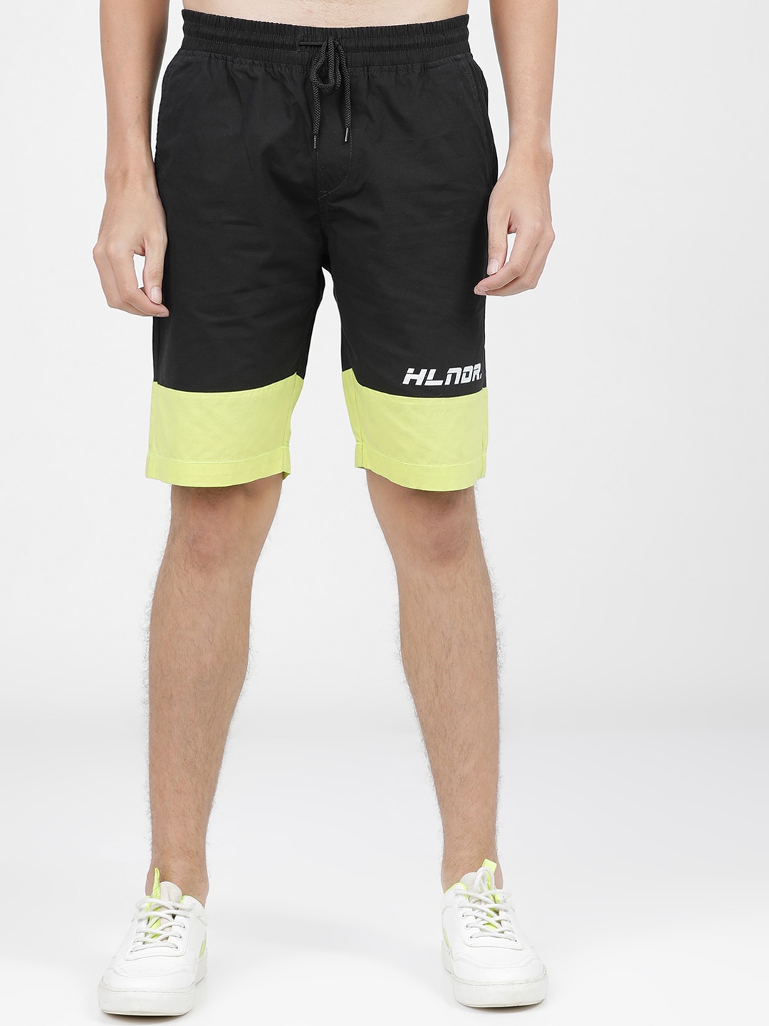 

HIGHLANDER Men Black & Neon Green Colourblocked Slim Fit Regular Shorts