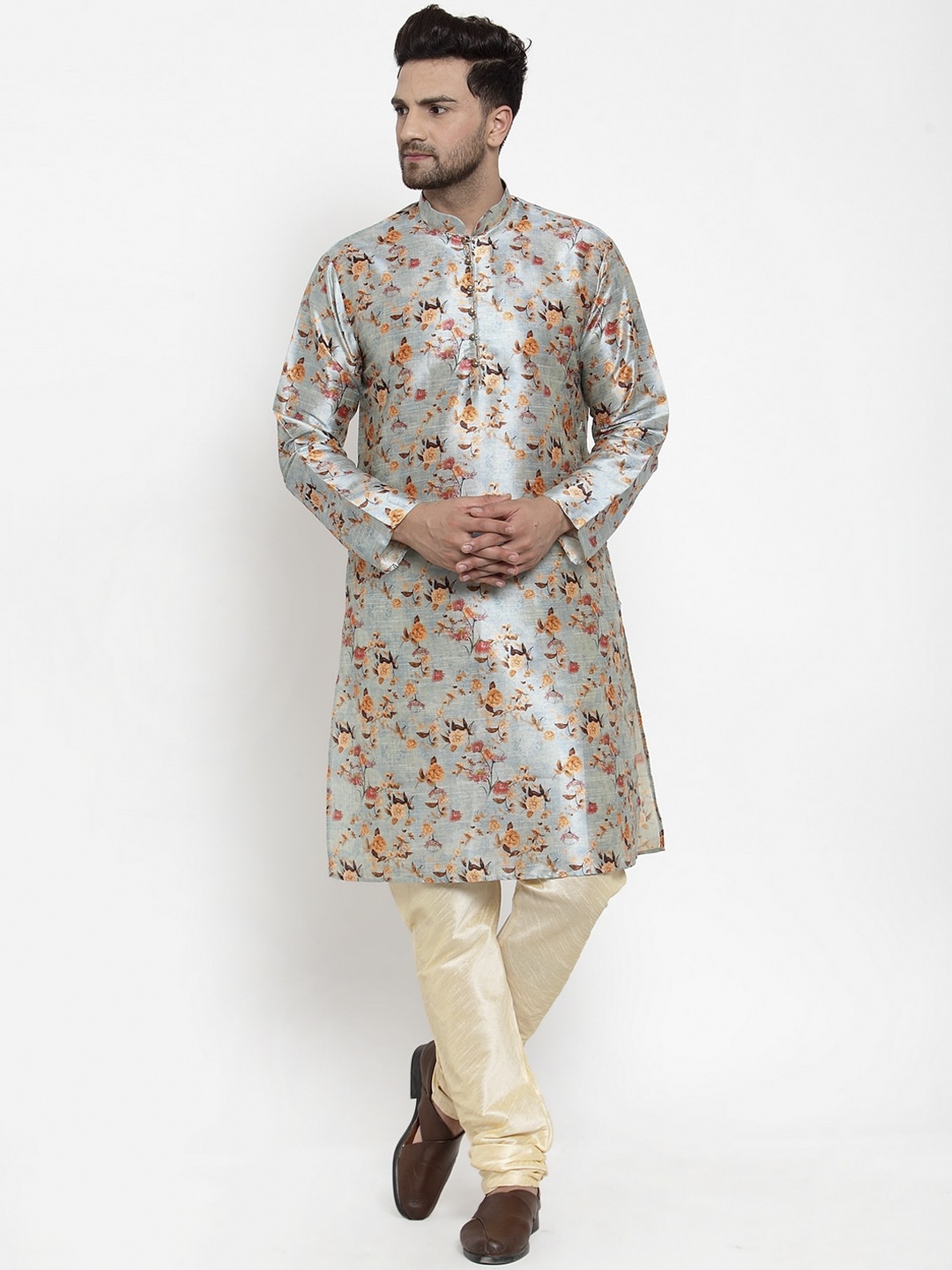 

KRAFT INDIA Men Turquoise Blue & Gold Tussar Silk Floral Printed Kurta With Churidar