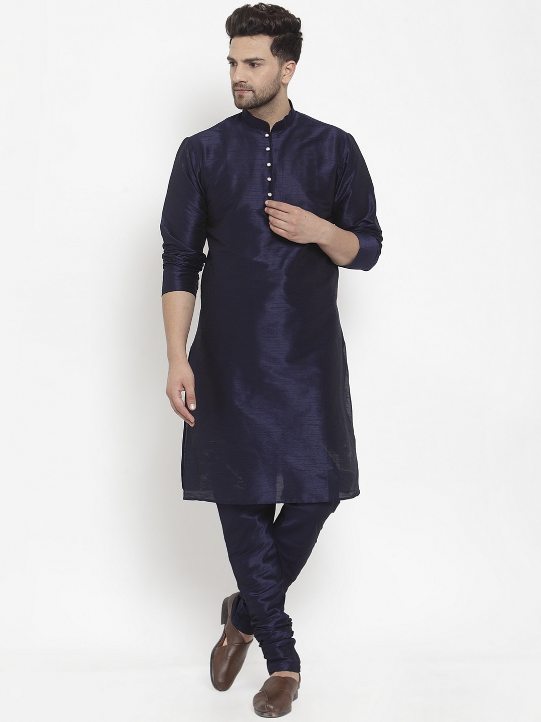 

KRAFT INDIA Men Navy Blue Regular Dupion Silk Kurta with Churidar