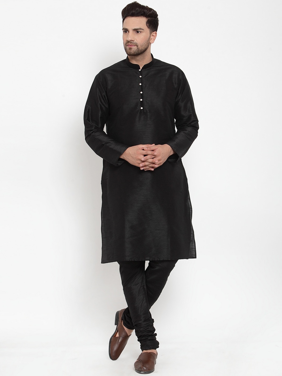 

KRAFT INDIA Men Black Pleated Dupion Silk Kurta with Churidar