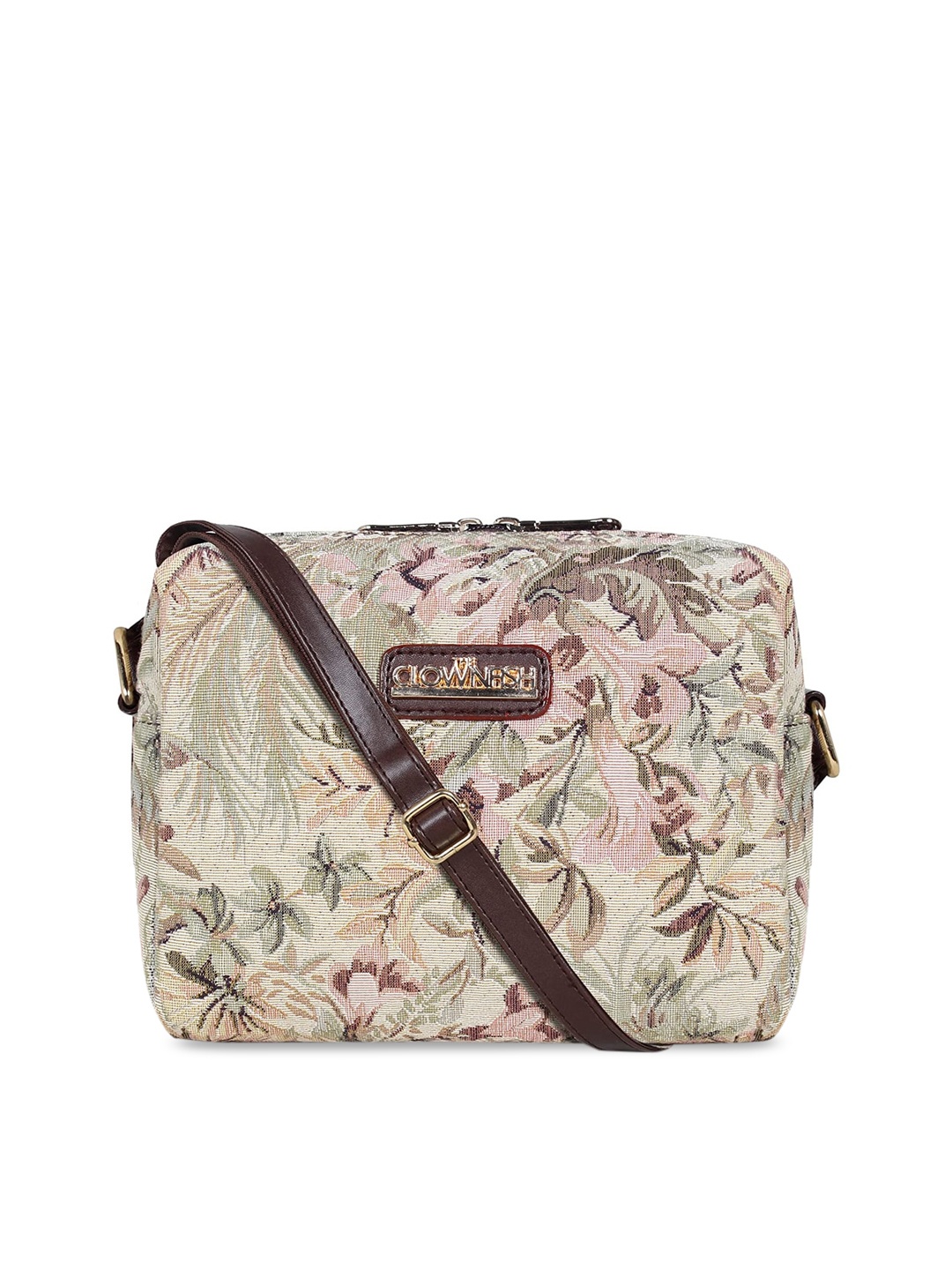 

THE CLOWNFISH Beige Floral Printed Structured Sling Bag