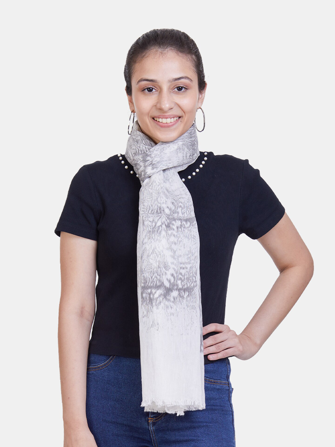 

ASVA Women White & Grey Printed Scarf