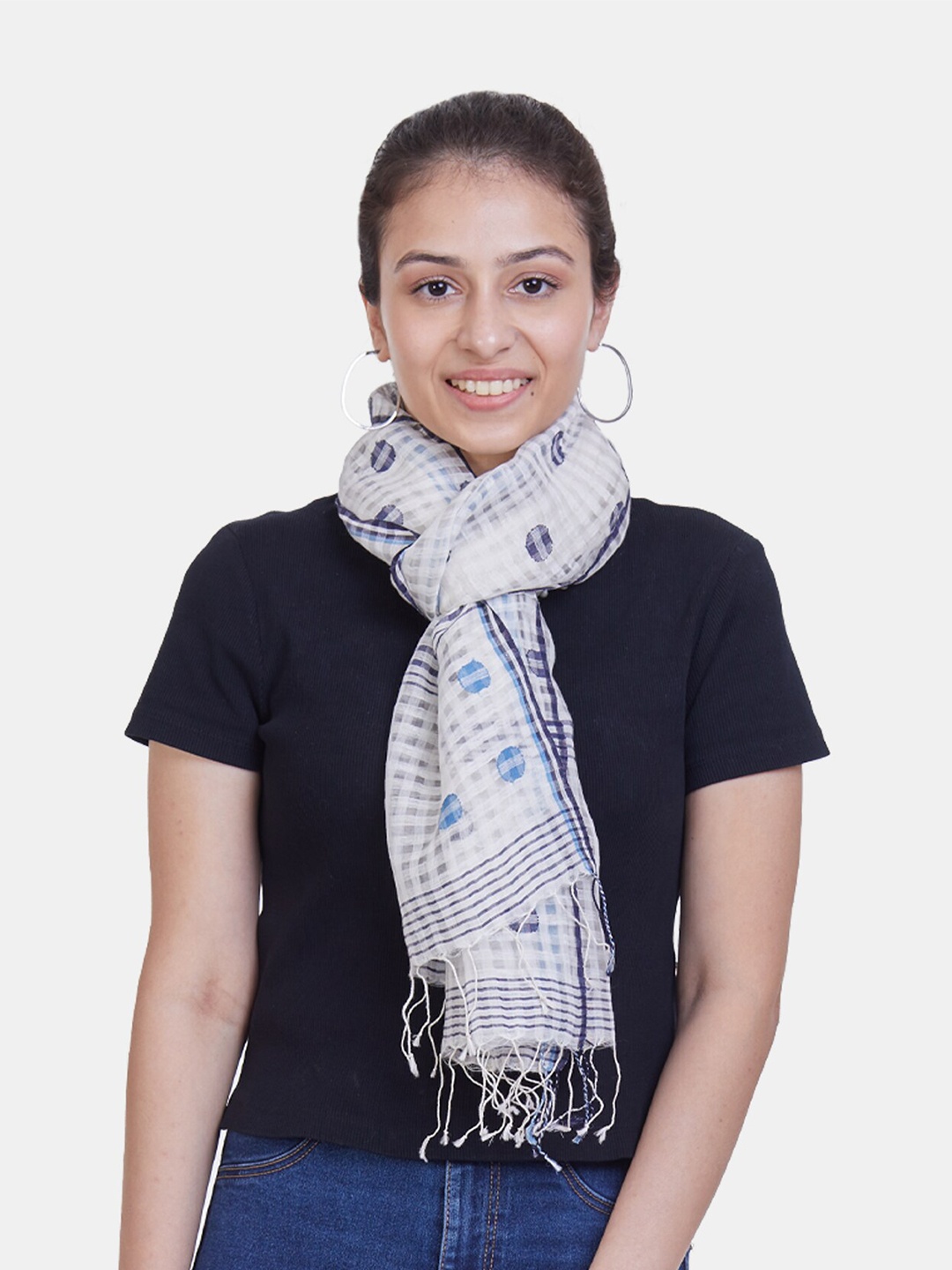 

ASVA Women White & Blue Printed Scarf