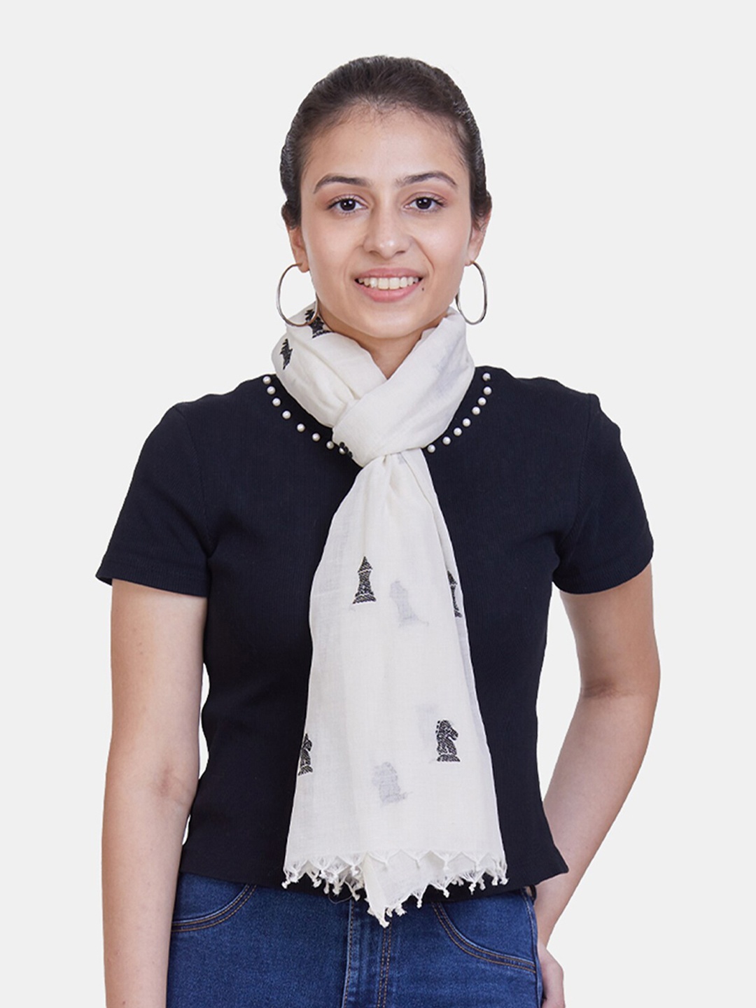 

ASVA Women White & Black Printed Scarf