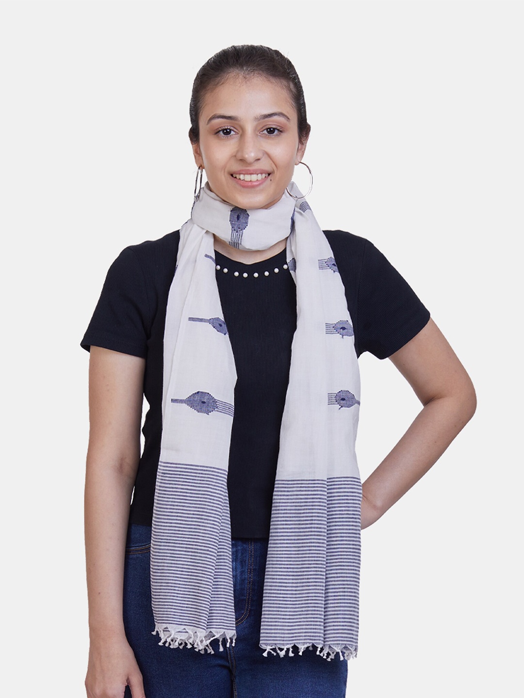 

ASVA Women White & Blue Printed Scarf