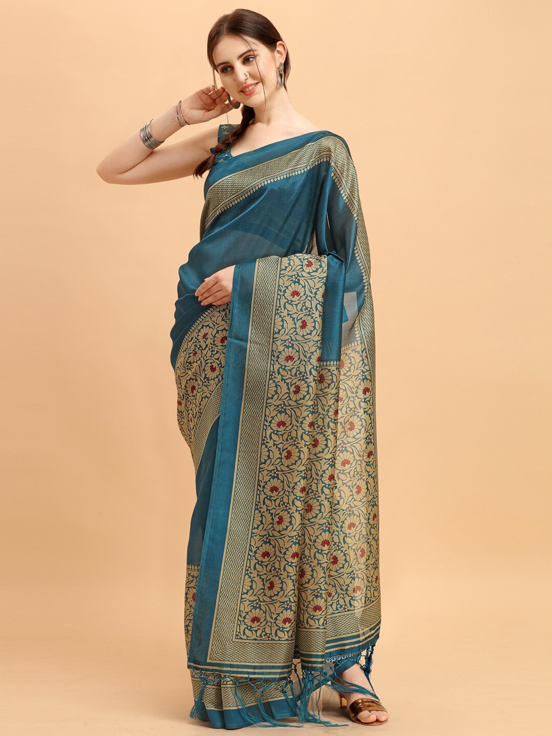 

KALINI Teal Blue & Gold-Coloured Floral Art Silk Saree