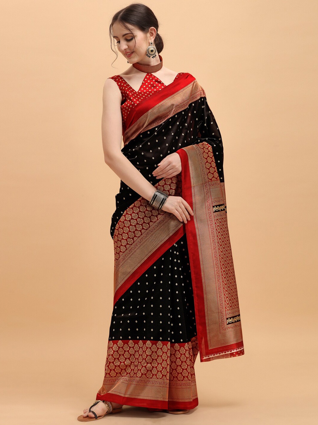 

KALINI Black & Red Ethnic Motifs Zari Art Silk Saree