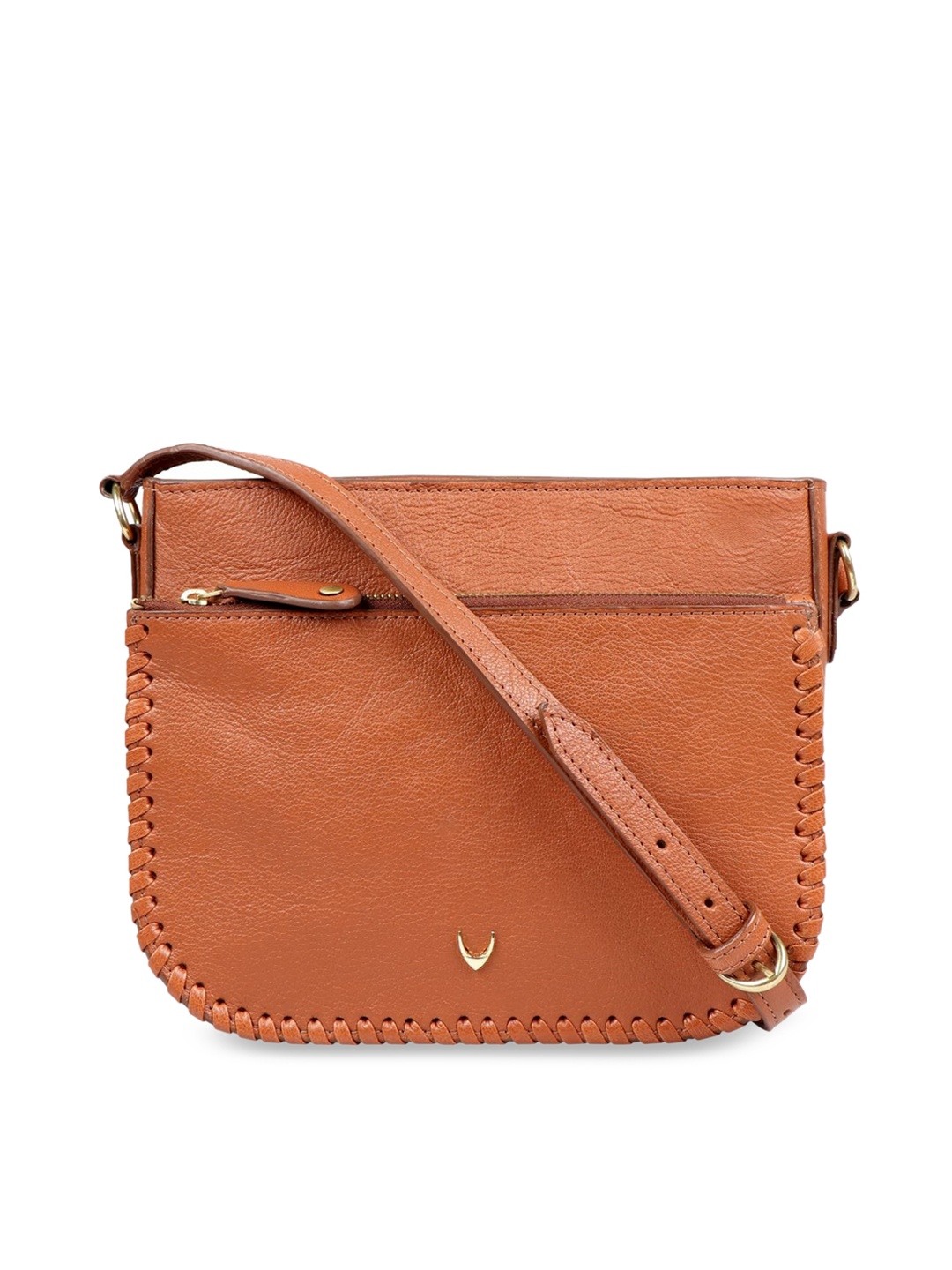 

Hidesign Tan Leather Structured Sling Bag with Cut Work
