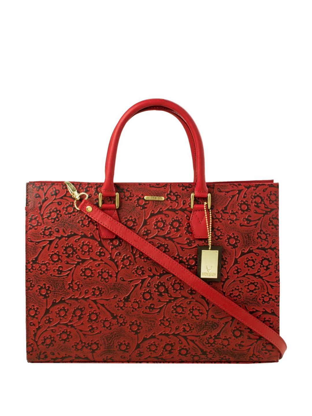 

Hidesign Red Textured Leather Structured Handheld Bag with Cut Work