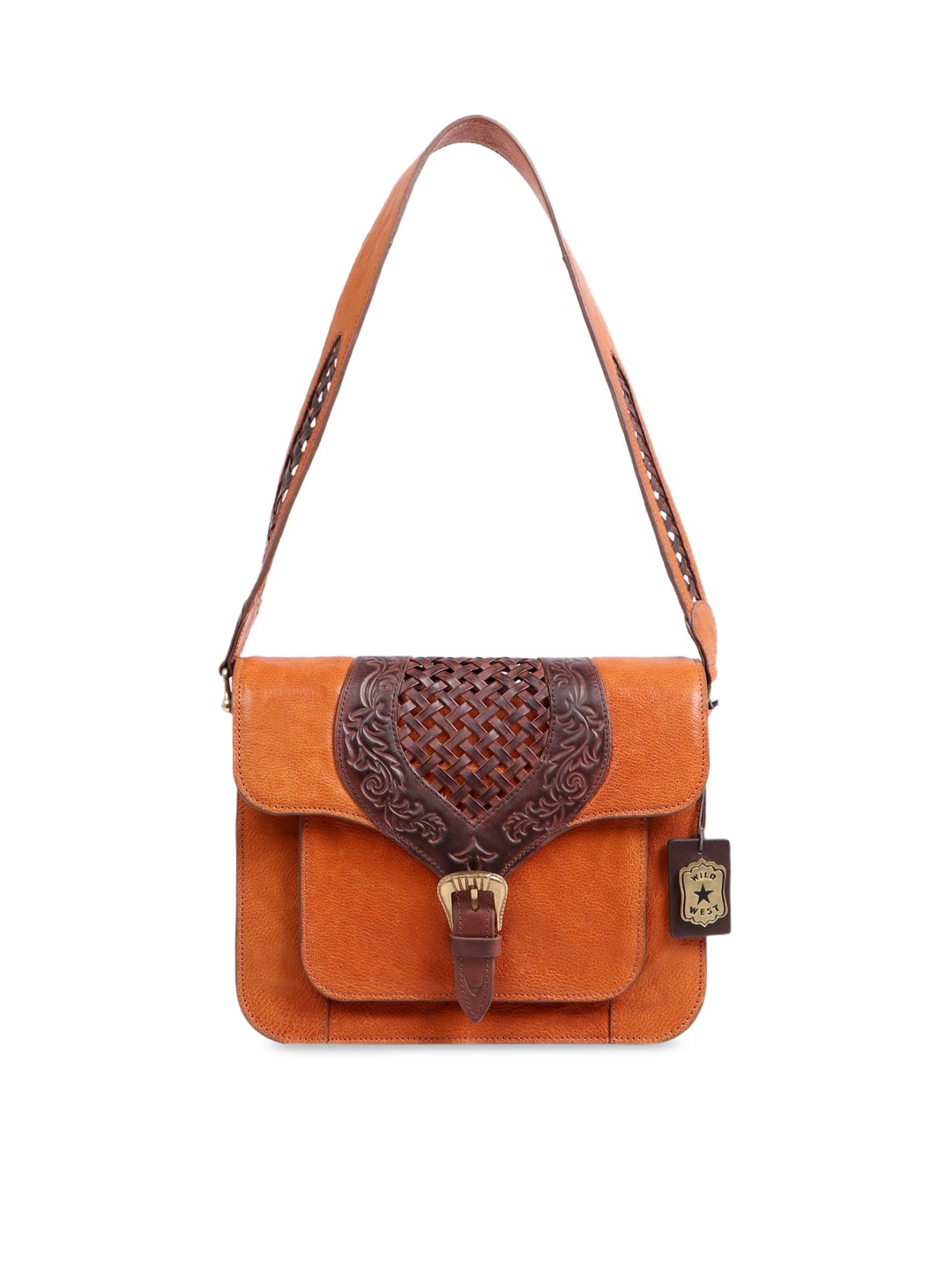 

Hidesign Orange Textured Leather Structured Sling Bag with Cut Work