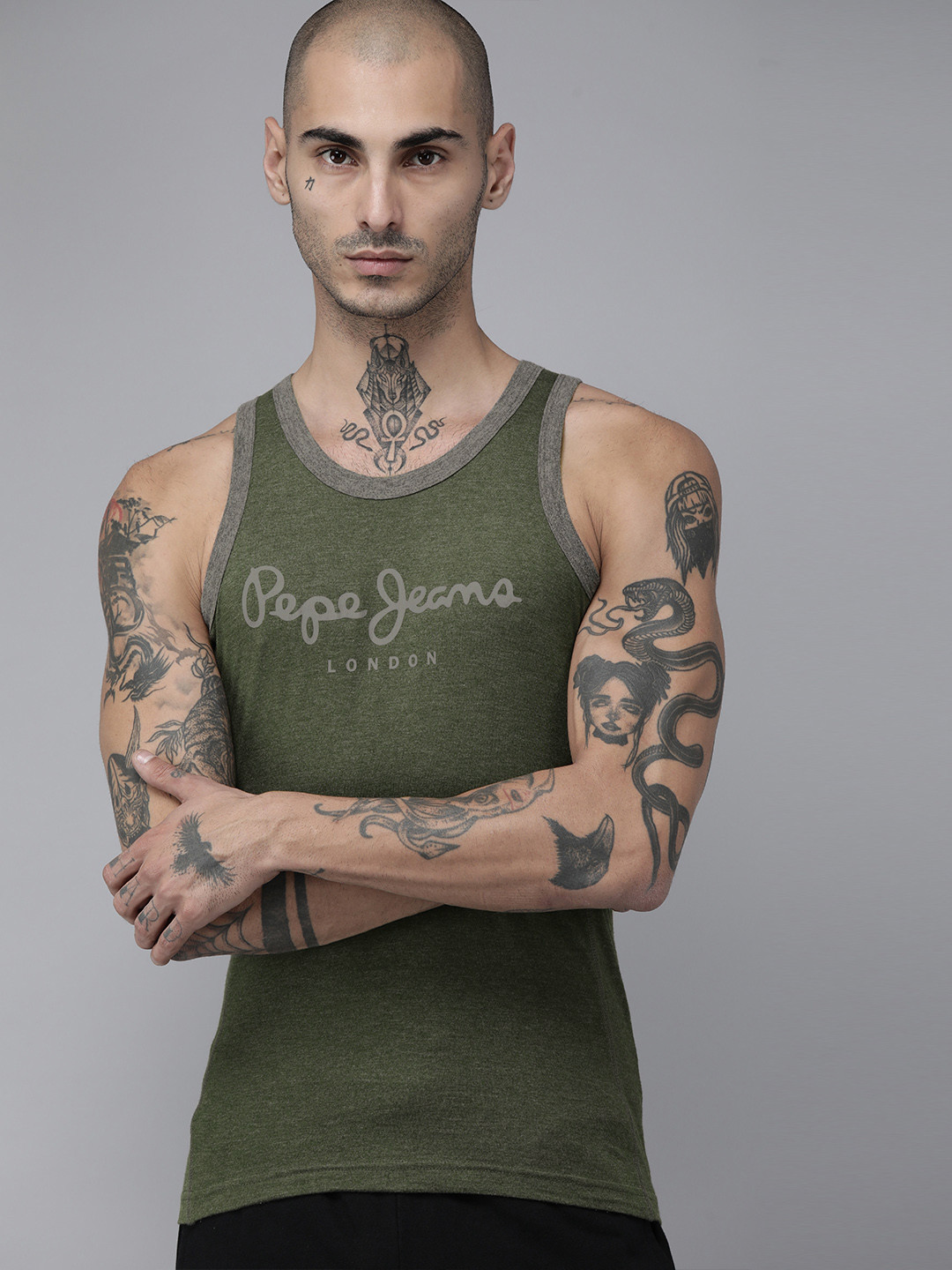 

Men Olive Green Brand Logo Printed Innerwear Gym Vest
