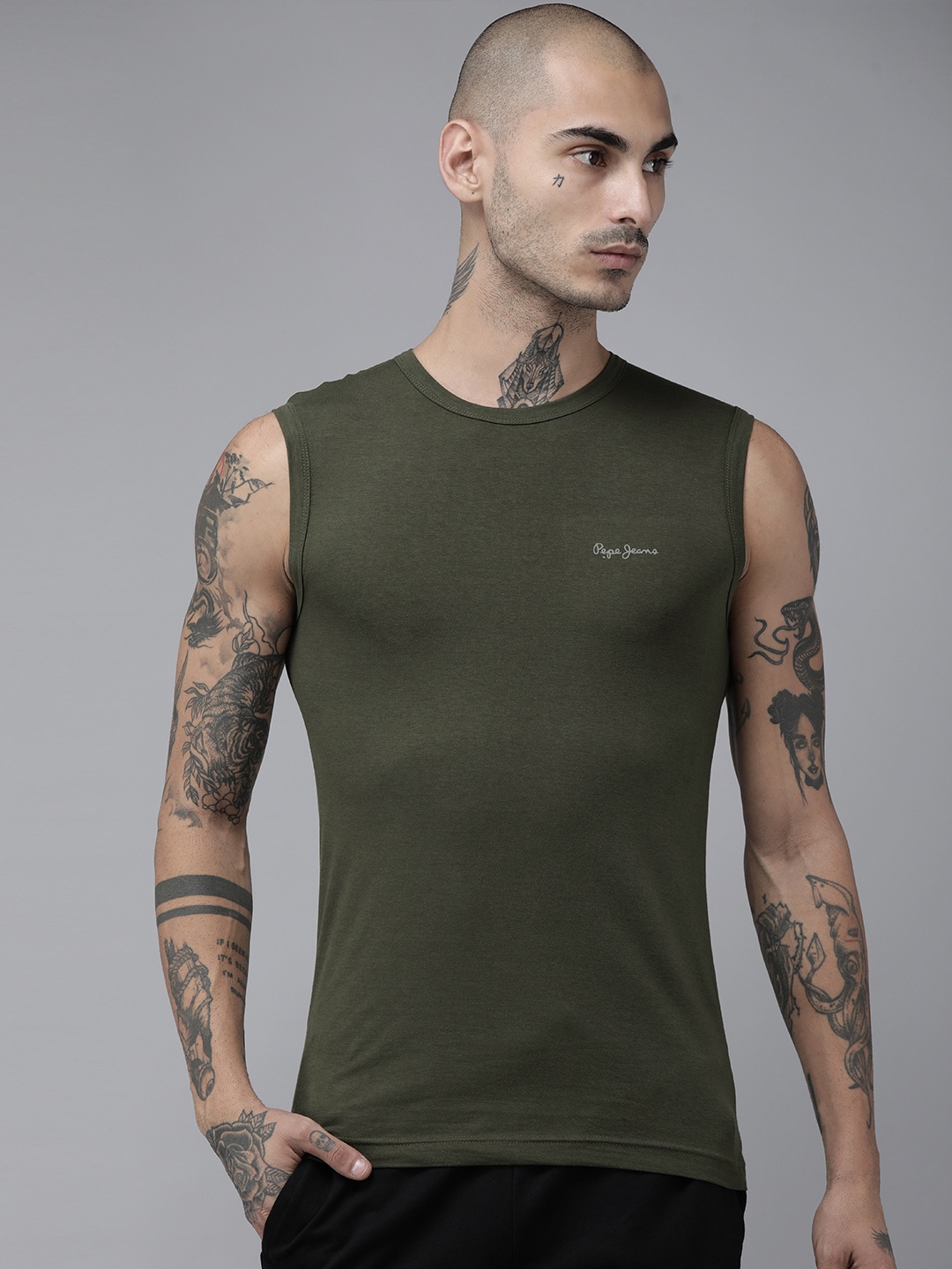 

Men Olive Green Solid Innerwear Vest