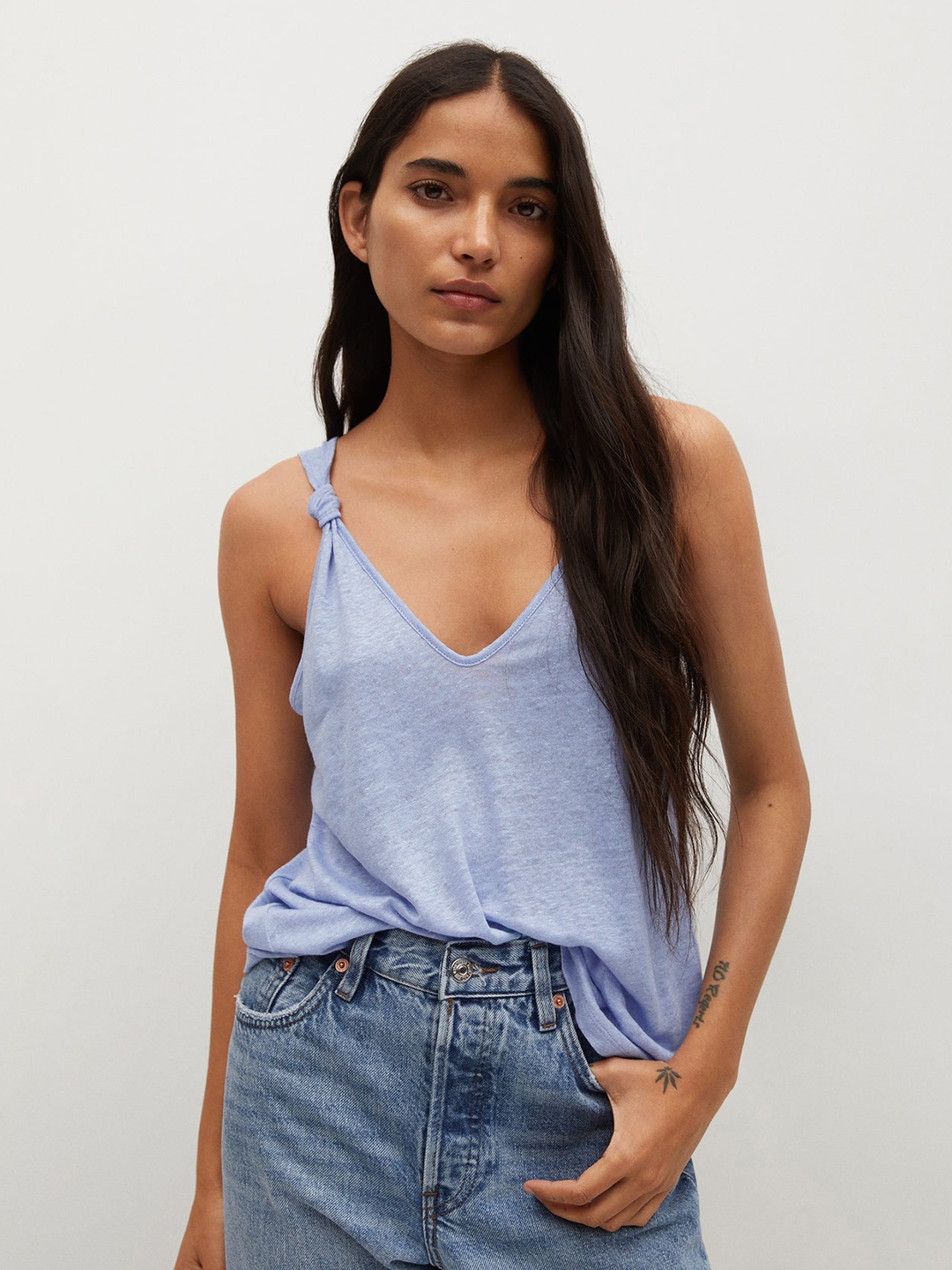 

MANGO Blue Pure Linen Solid Regular Top