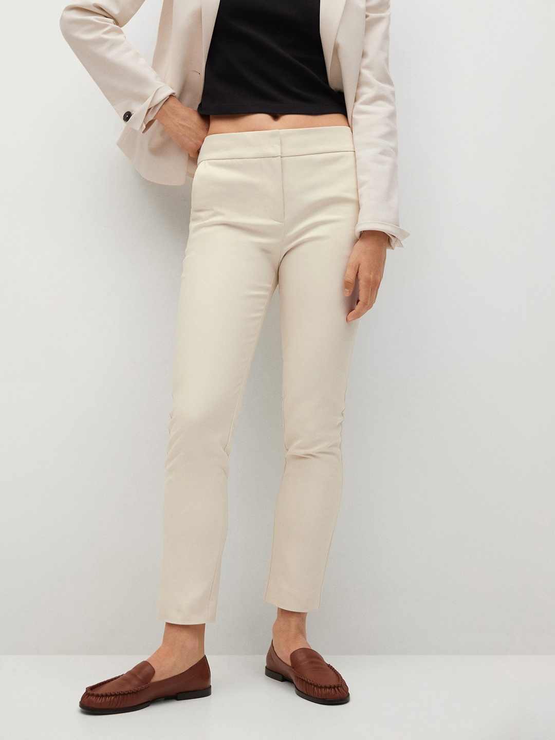 

MANGO Women Off-White Solid Slim Fit Trousers