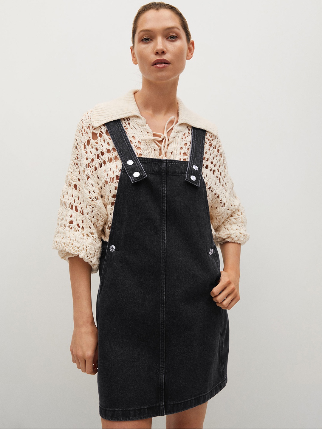 

MANGO Black Denim Pinafore Dress