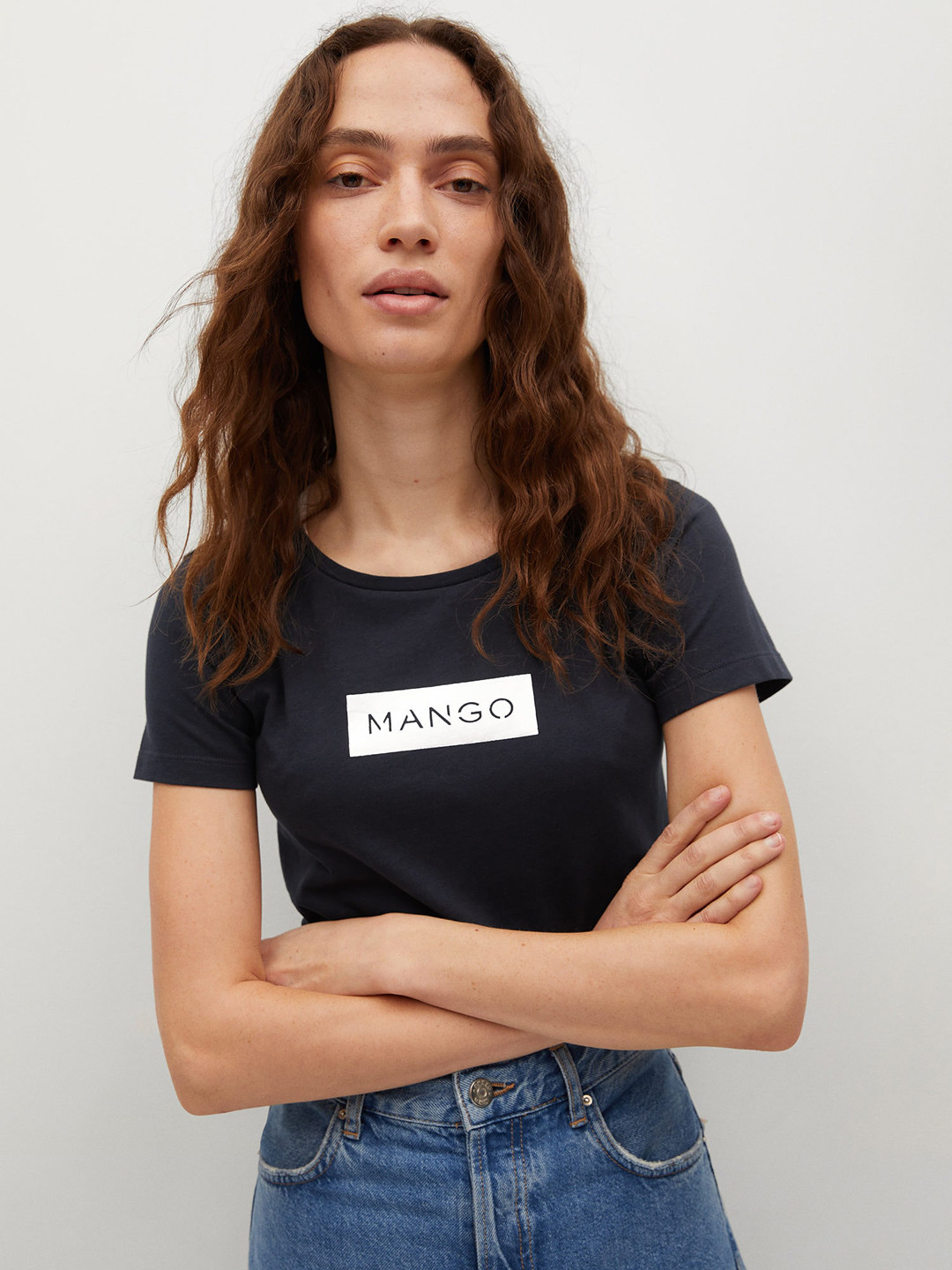 

MANGO Women Navy Blue Brand Logo Printed Pure Cotton T-shirt