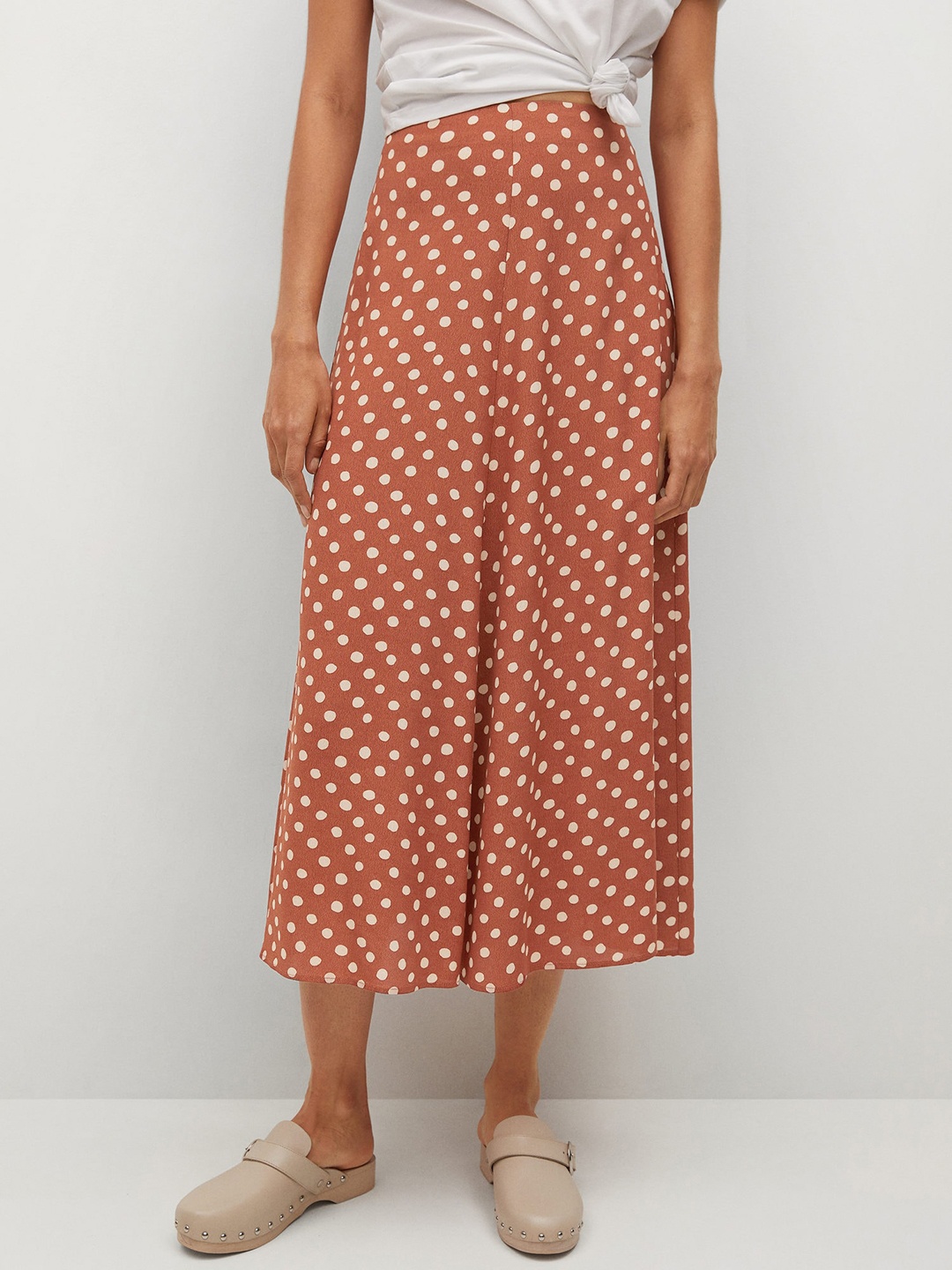 

MANGO Women Rust Brown & White Polka Dots Print Flared Skirt