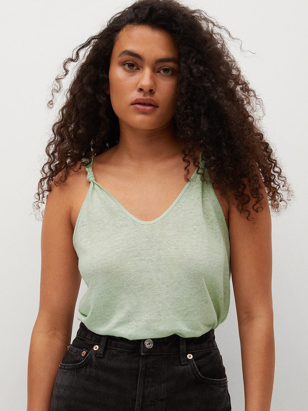 

MANGO Green Linen Regular Top