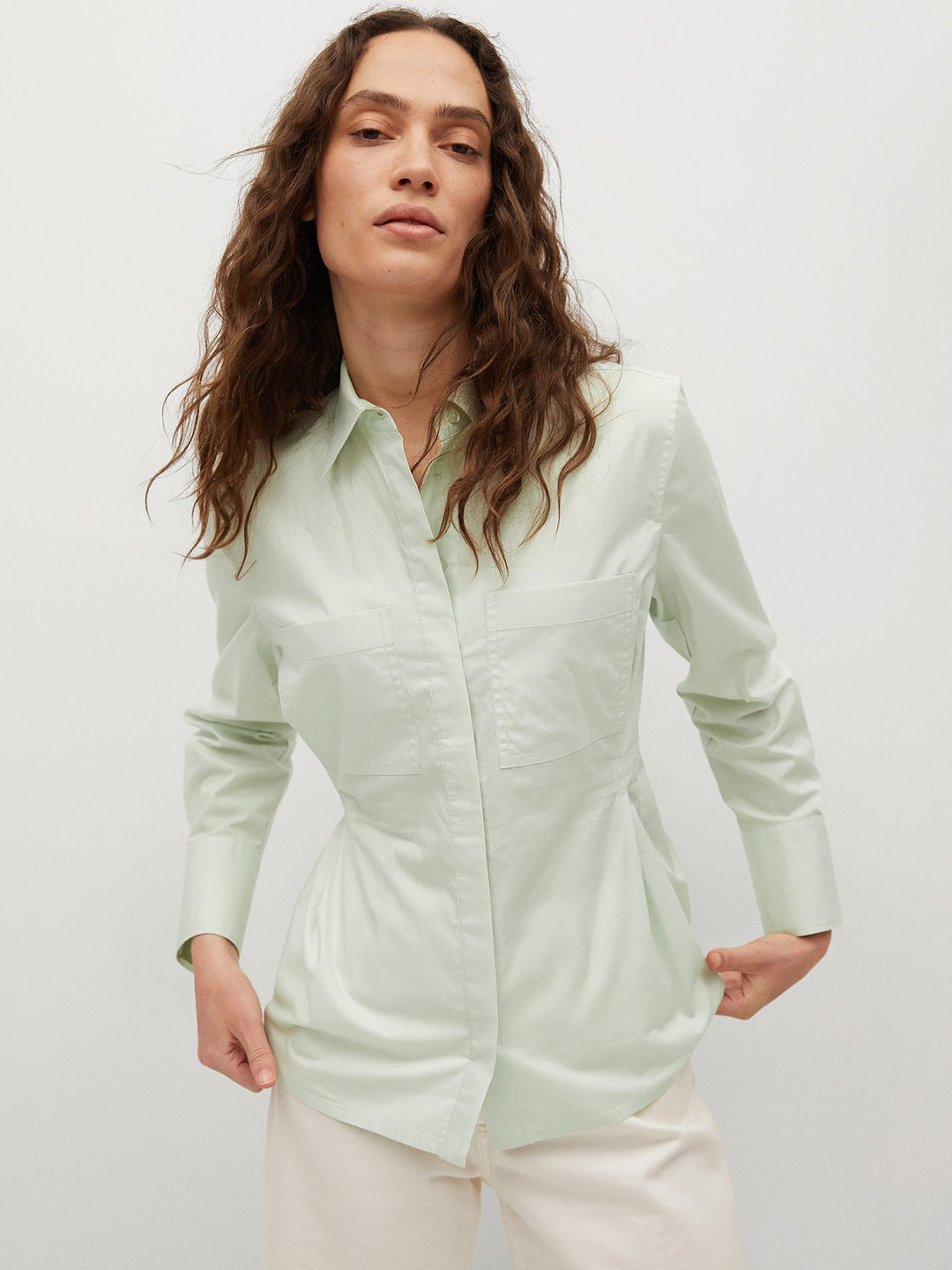 

MANGO Women Green Solid Cotton Casual Shirt