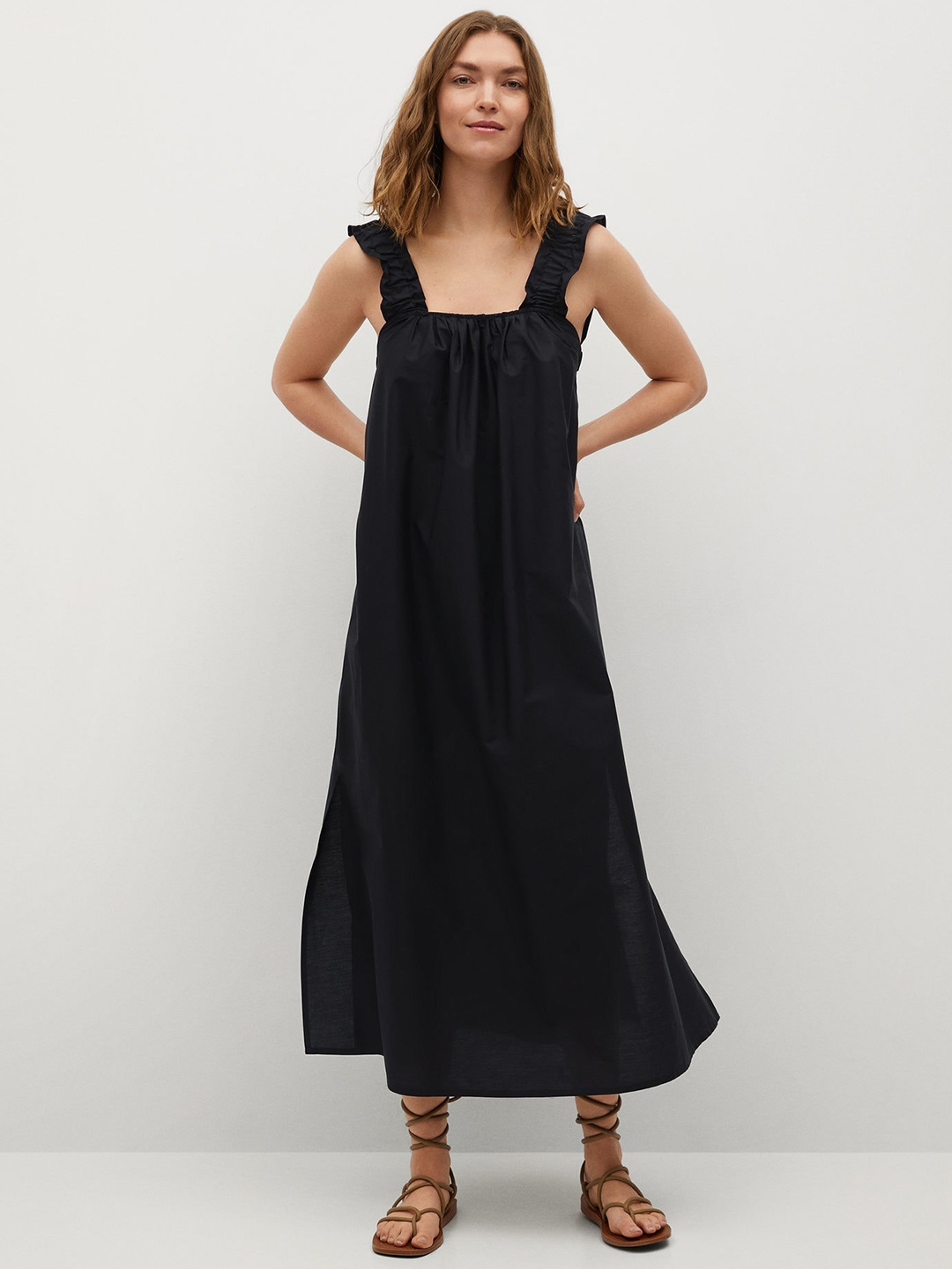 

MANGO Women Navy Blue Solid Pure Cotton A-Line Midi Dress