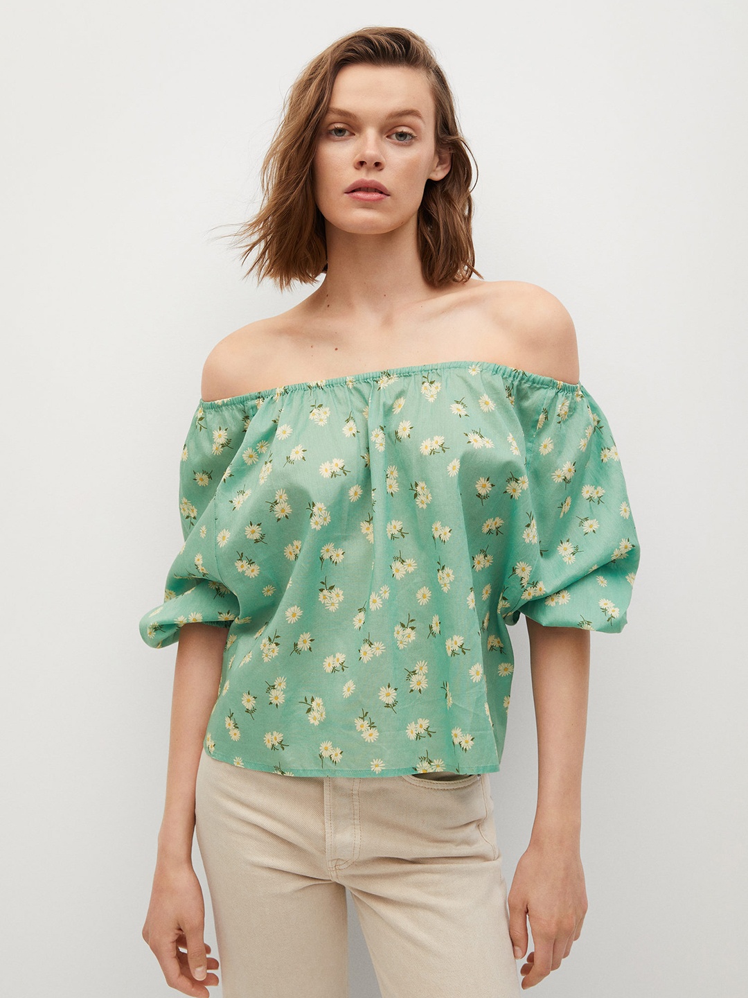 MANGO Green & White Floral Off-Shoulder Regular Top