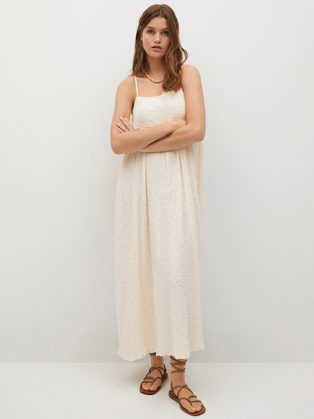 

MANGO Off-White Solid Ruched Maxi Dress