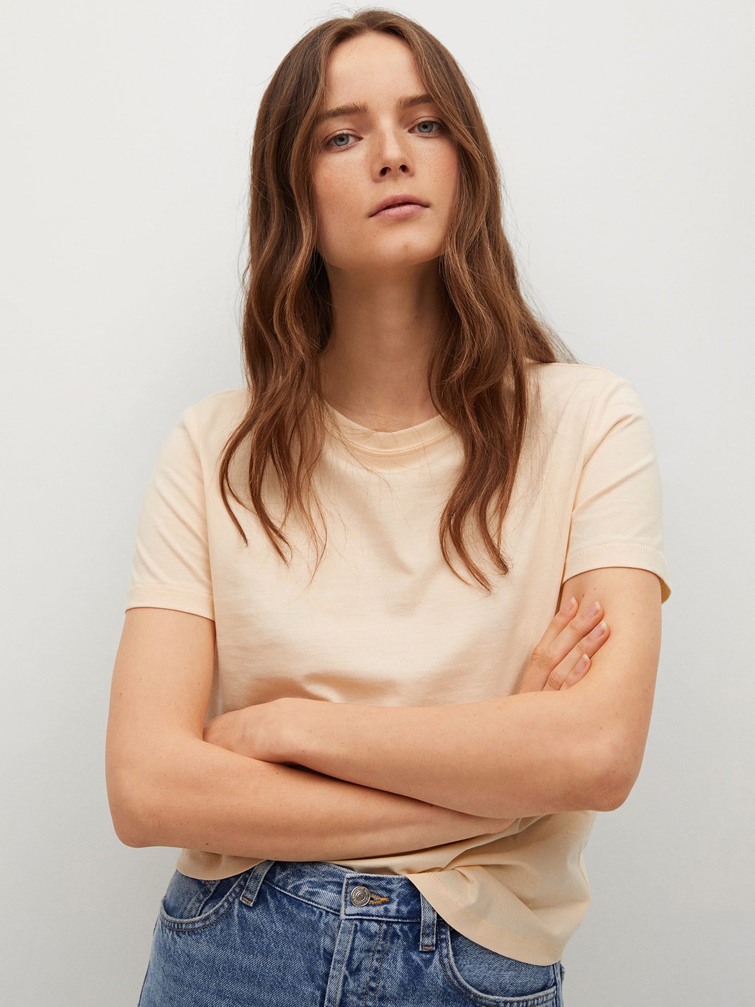 

MANGO Women Beige Pure Cotton T-shirt