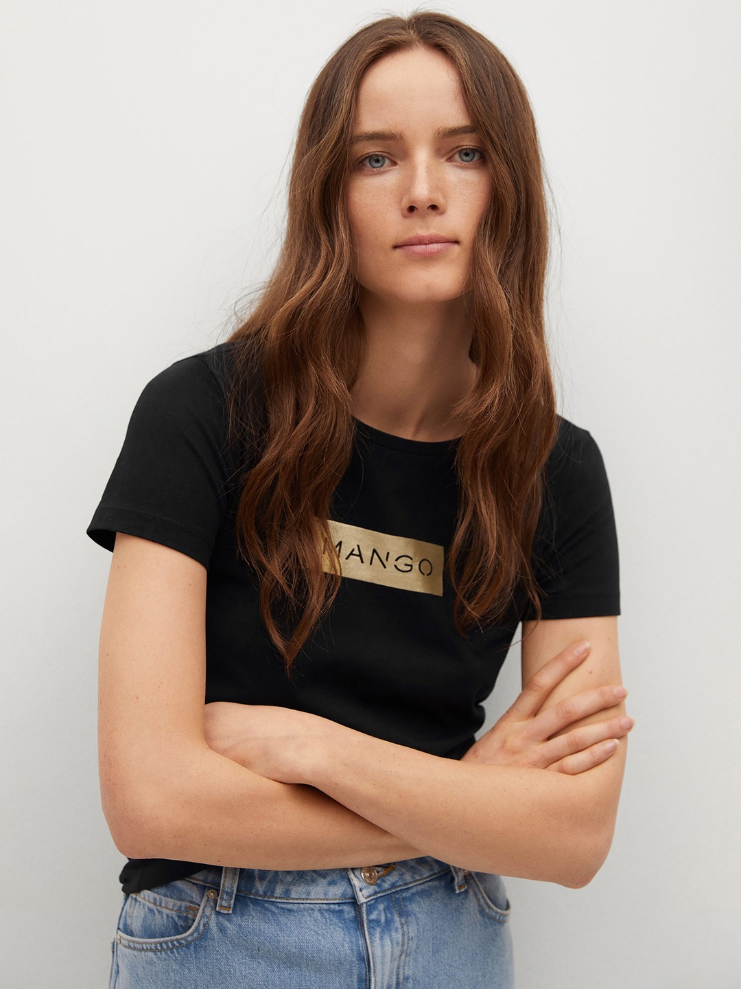 

MANGO Women Black Cotton Brand Logo Printed T-shirt