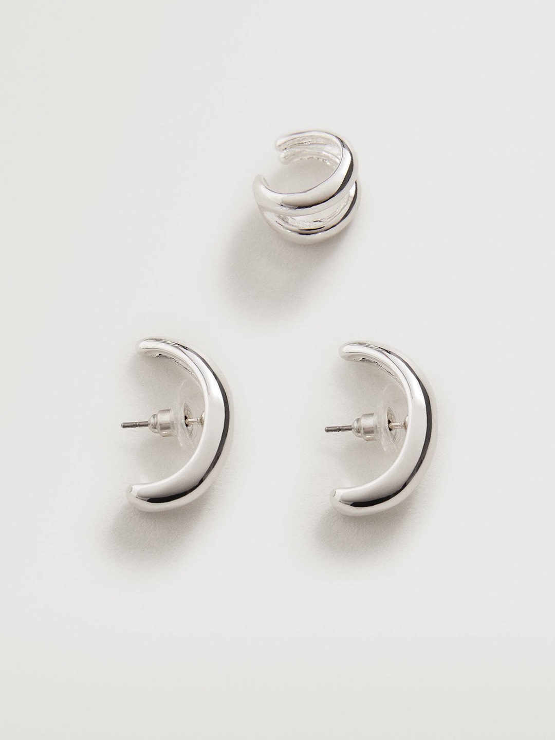 

MANGO Set of Silver-Toned Crescent Shaped Studs & Ear Cuffs