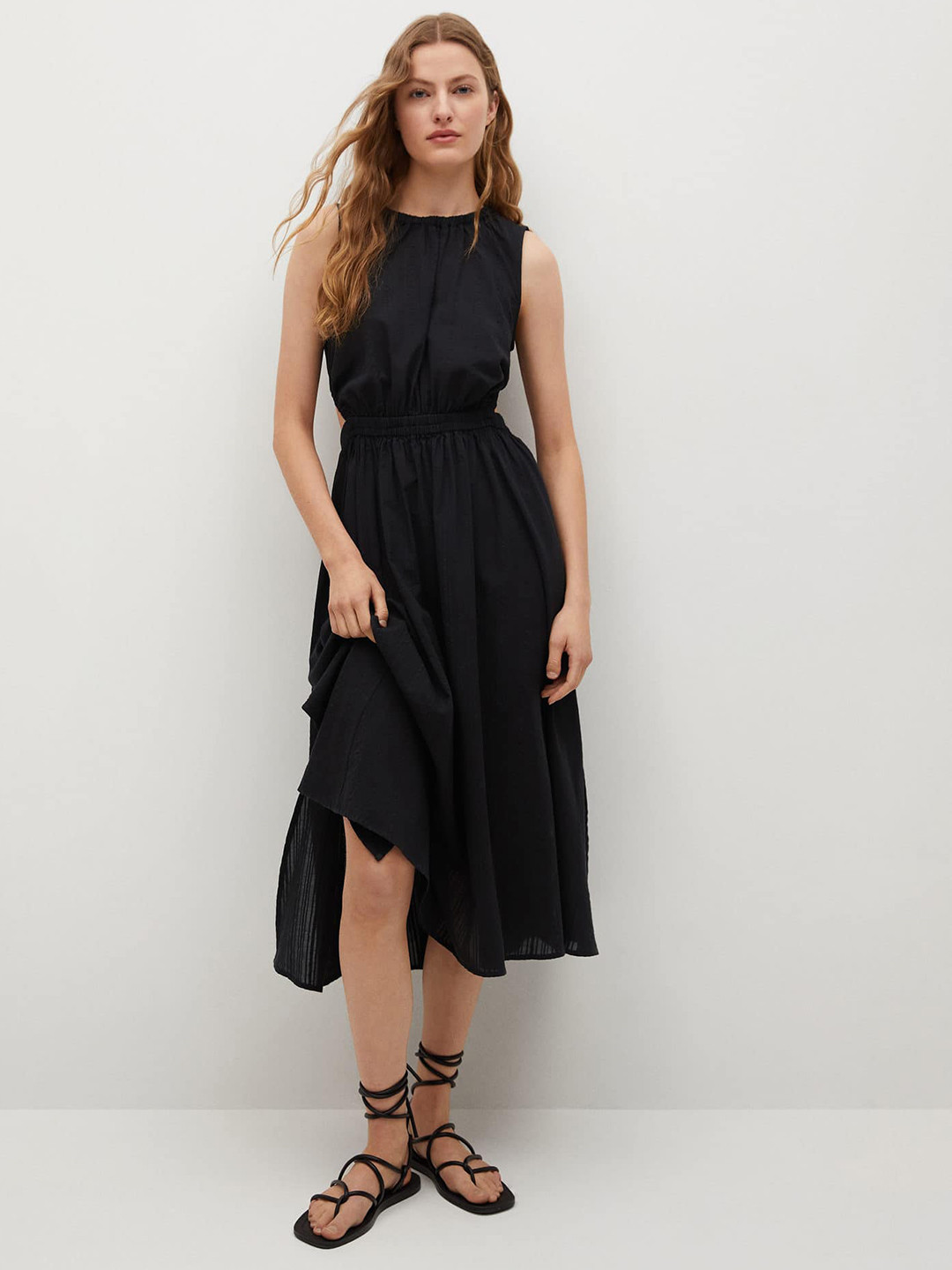 

MANGO Black Self-Design A-Line Midi Dress