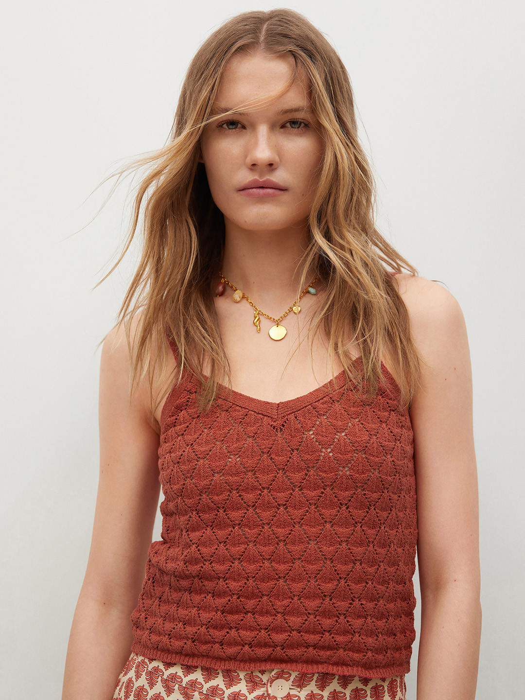 

MANGO Women Brown Self Designed Regular Top