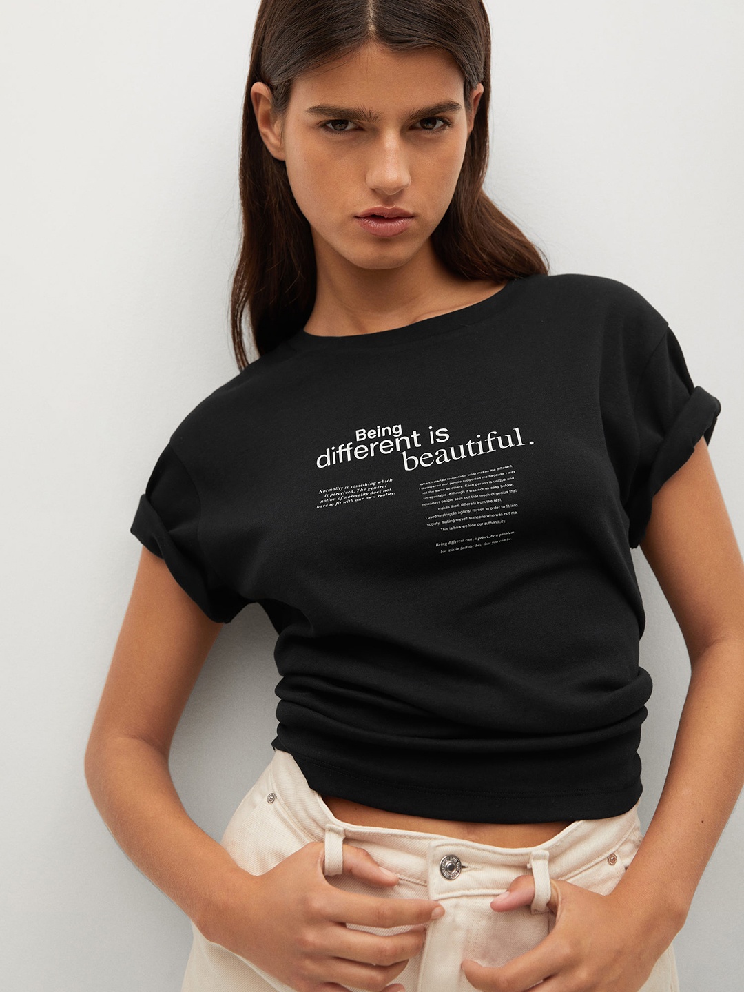 

MANGO Women Black & White Typography Printed Extended Sleeves Pure Cotton T-shirt