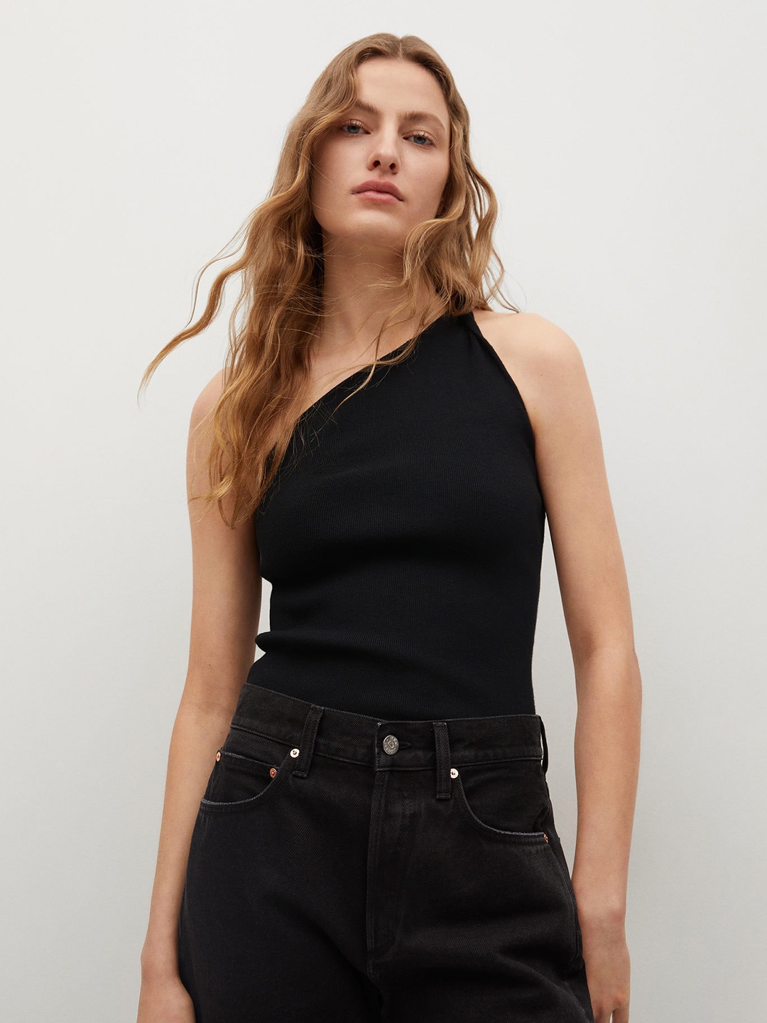 

MANGO Black Twisted One Shoulder Fitted Top
