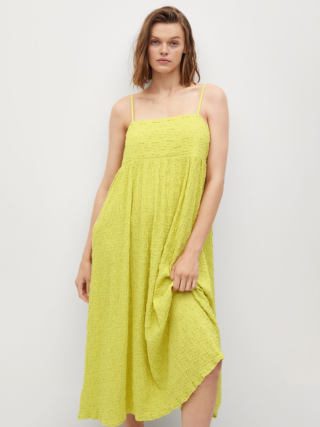 

MANGO Yellow Crushed Effect A-Line Midi Dress