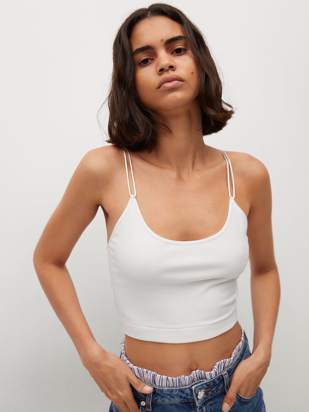 

MANGO Women White Self Striped Fitted Crop Top