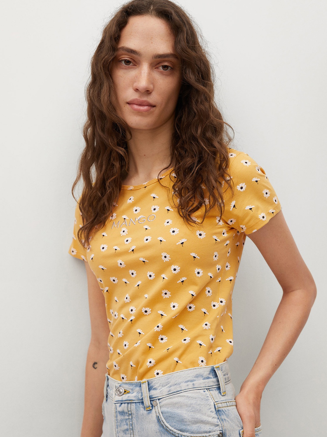 

MANGO Women Yellow White Pure Cotton Printed Pure Cotton T-shirt