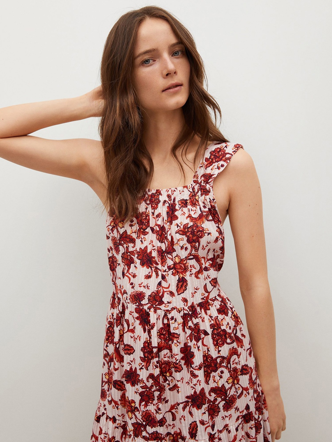 

MANGO White & Rust Red Pure Cotton Floral Print Maxi Dress