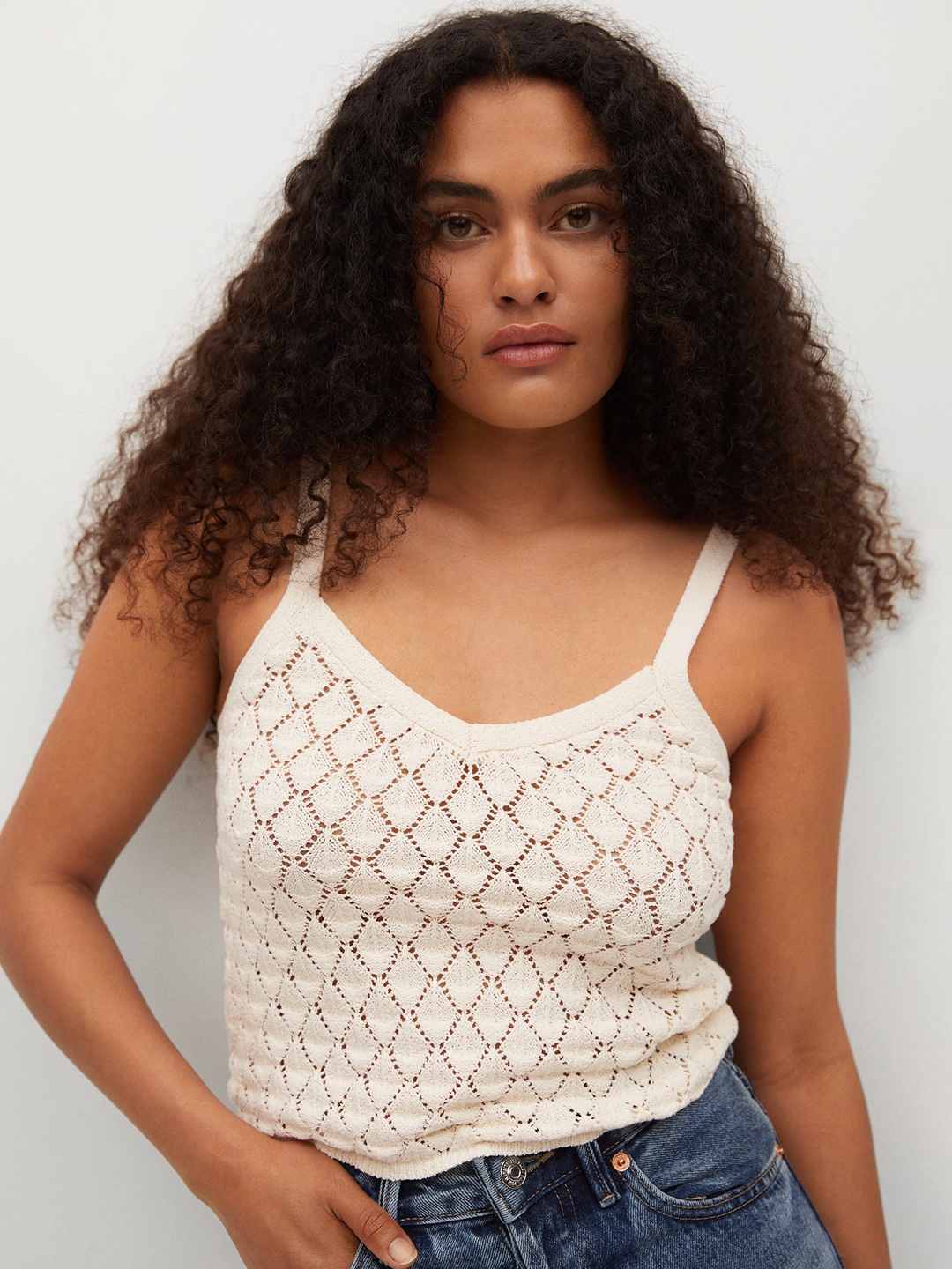 

MANGO Off White Crochet Regular Top