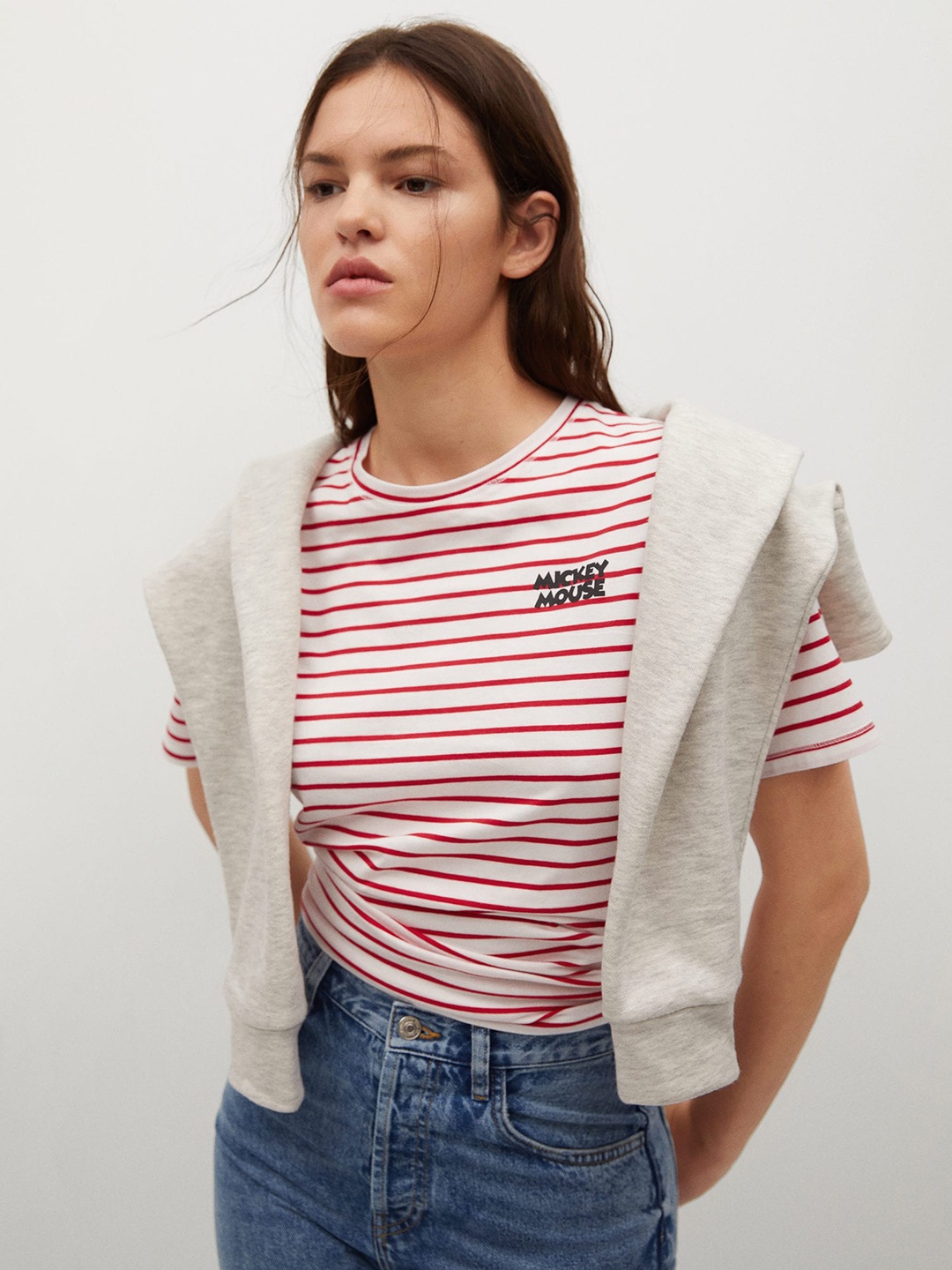 

MANGO Women Red White Pure Cotton Striped Pure Cotton T-shirt with Mickey Mouse Print Back