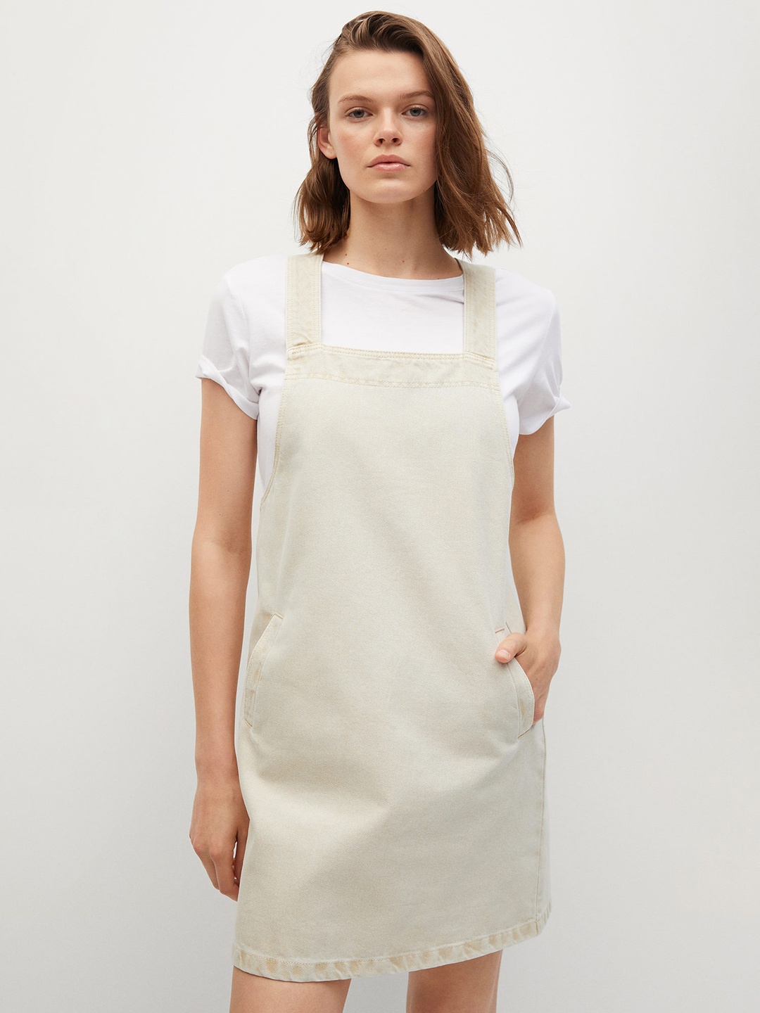 

MANGO Women Beige Denim Pure Cotton Pinafore Dress