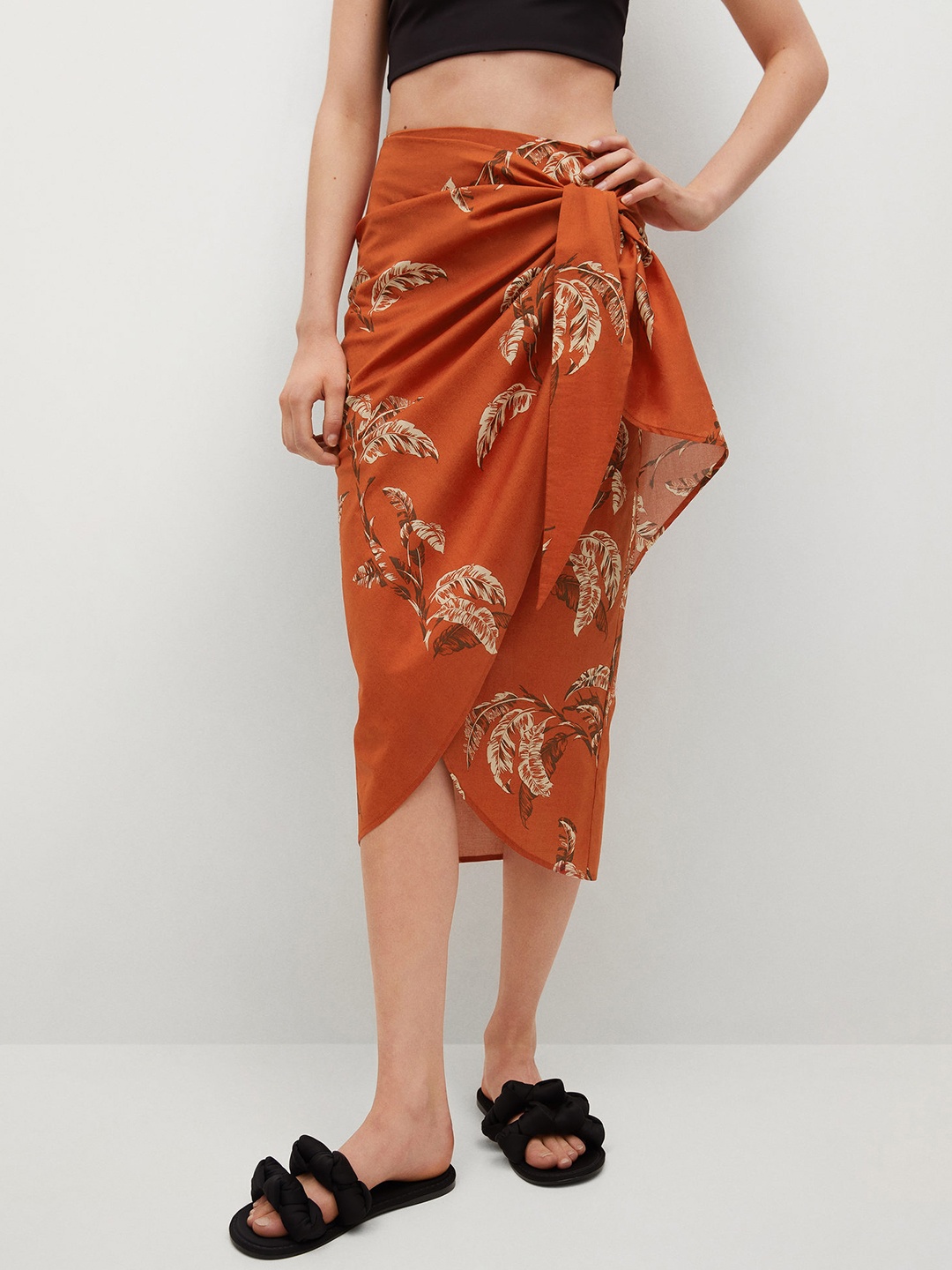 

MANGO Women Rust Red & Off-White Tropical Print Layered Wrap Midi Skirt